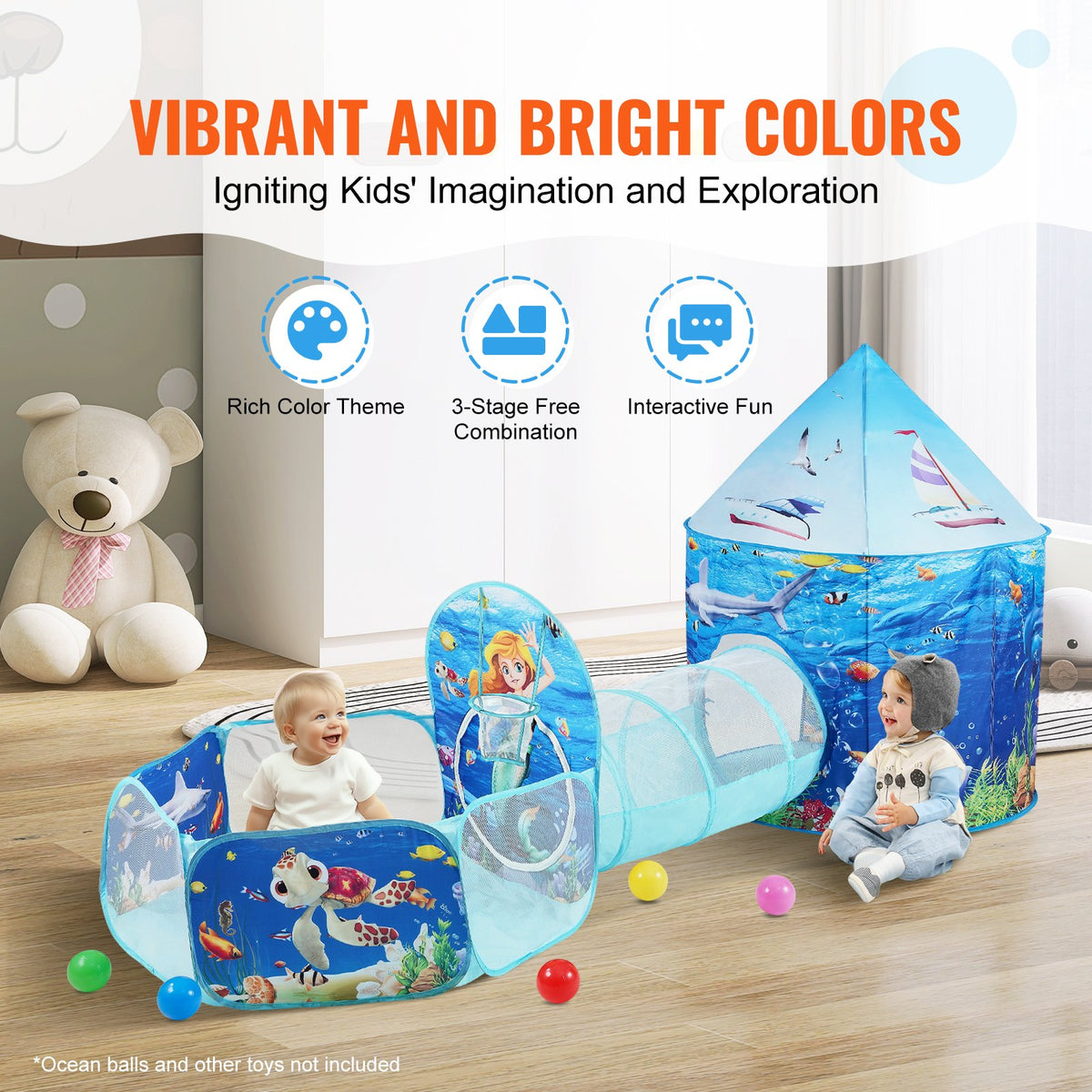 VEVOR 3 in 1 Kids Play Tent with Tunnel, Basketball Hoop, Indoor/Outdoor Pop Up Playhouse W/Carrying Bag & Banding Straps -$30
