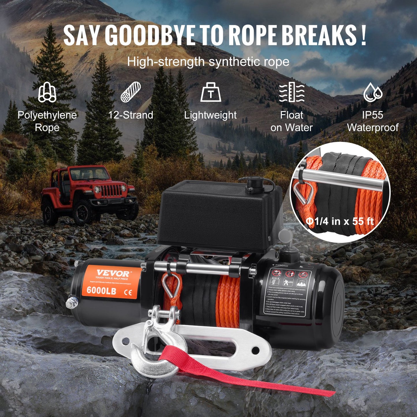 VEVOR Electric Winch, 6000 lb, 12V DC Truck Winch with Φ1/4 in x 55 ft Synthetic Rope Aluminum,-$180