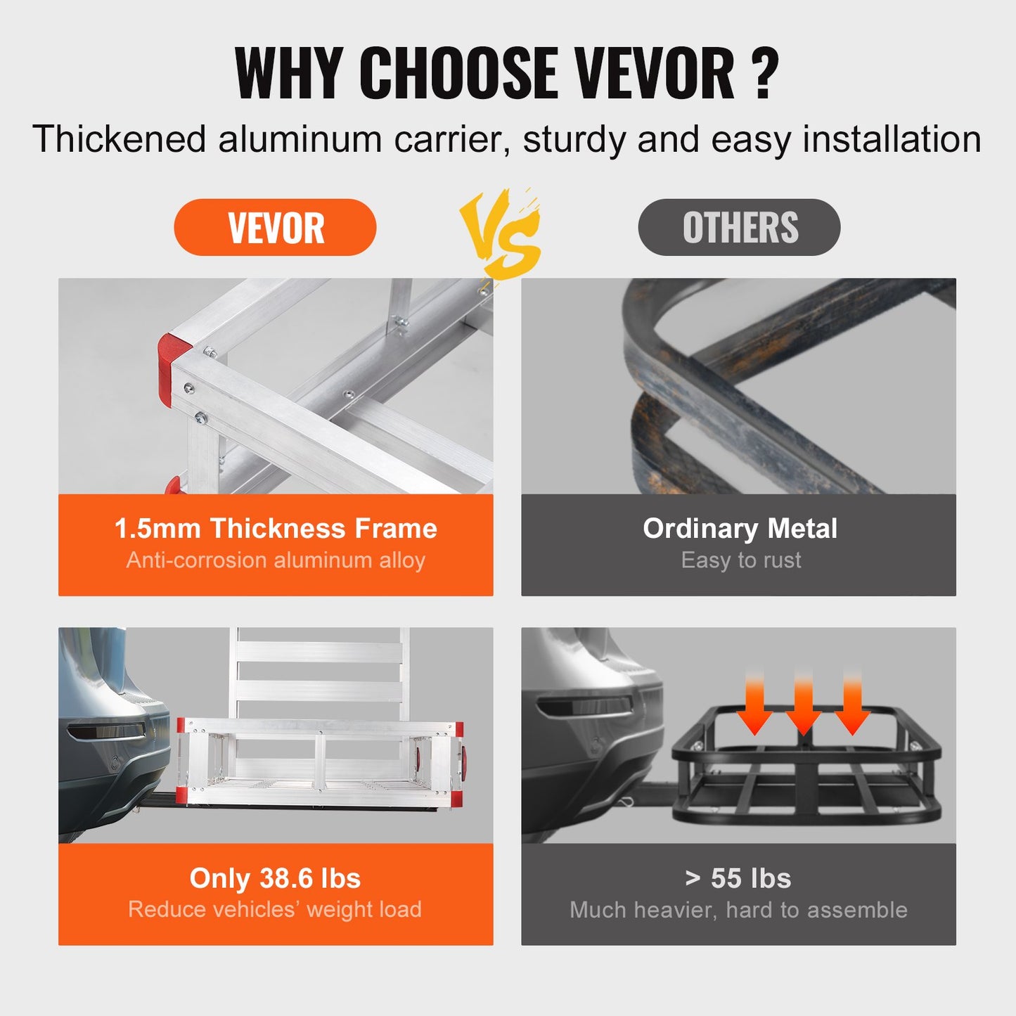 VEVOR 50 x 29.5 x 8.7 in Hitch Cargo Carrier, 500lb Capacity Trailer Hitch Mount Aluminum,-$180
