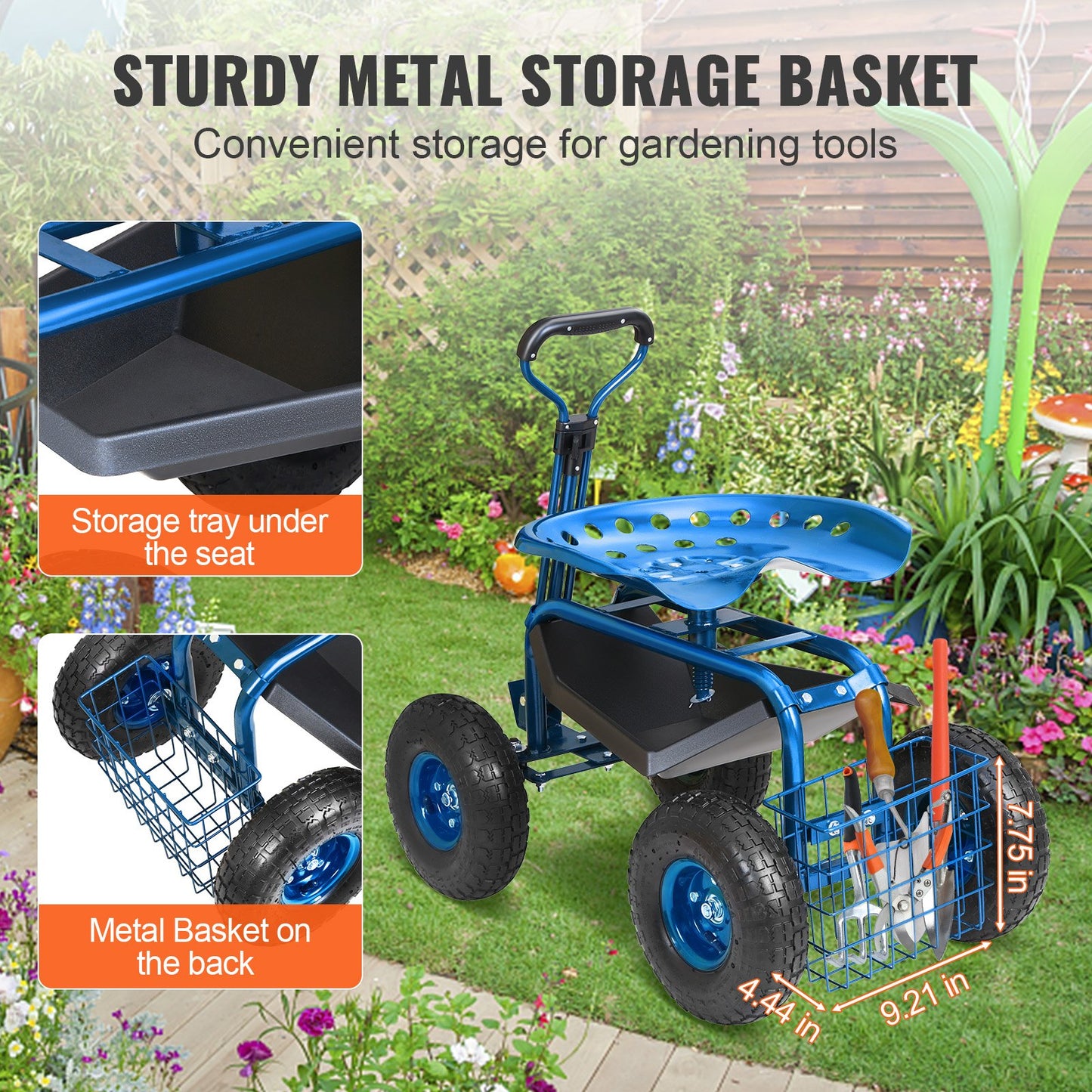 VEVOR Garden Cart Rolling Workseat with Wheels, Gardening Stool for Planting, 360 Degree Swivel Seat,-$70
