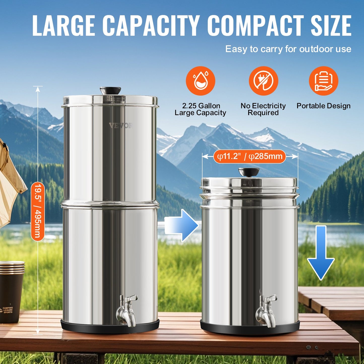 VEVOR Gravity-fed Water Filter System, 2.25G 304 Stainless-Steel Countertop System,-$80