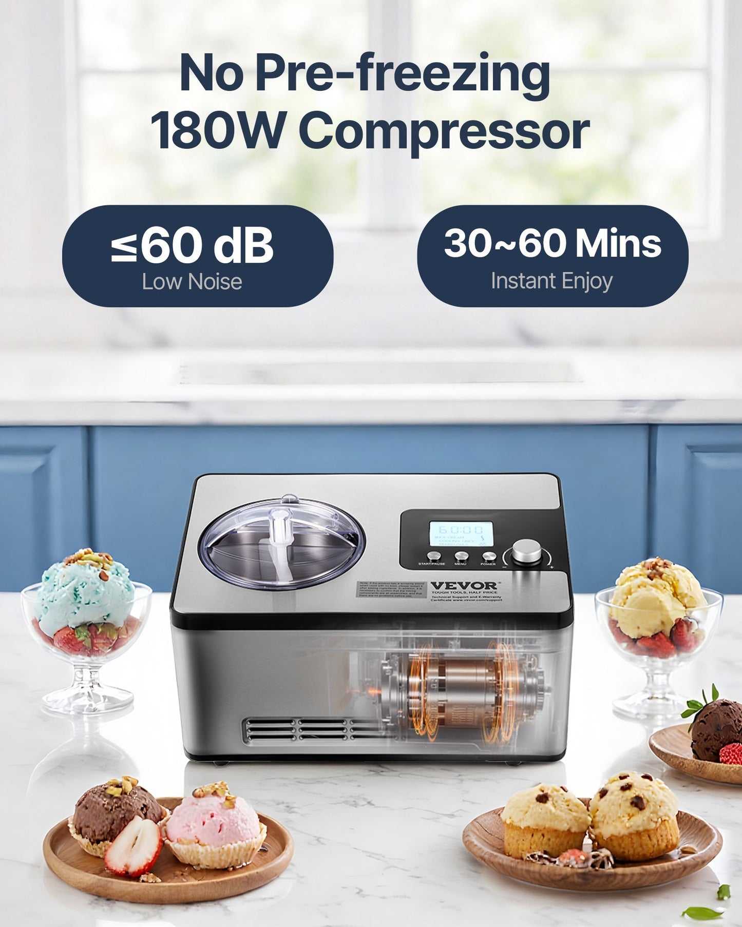 VEVOR Automatic Ice Cream Maker with Built-in Compressor, 2 Quart No Pre-freezing Fruit Yogurt Machine,-$170