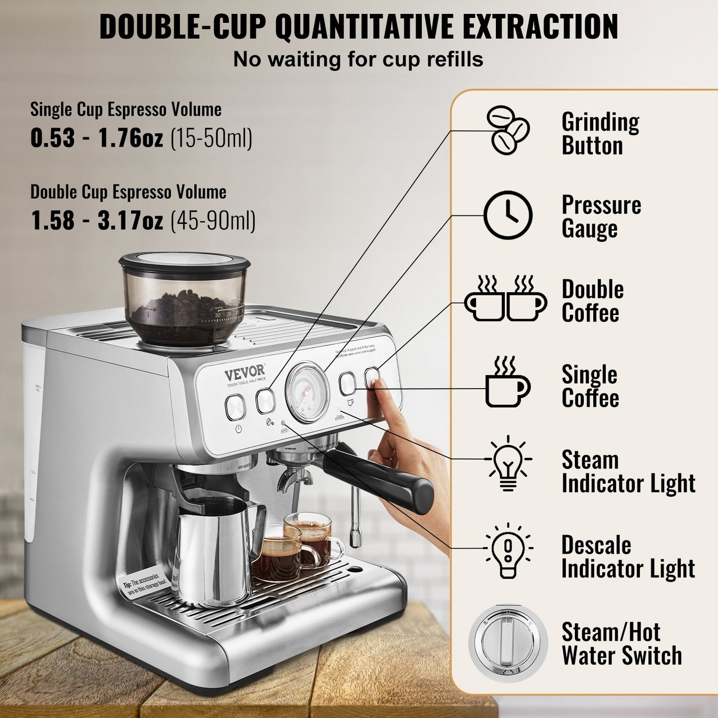VEVOR Espresso Machine with Grinder, 15 Bar Semi Automatic Espresso Coffee Maker,-$270