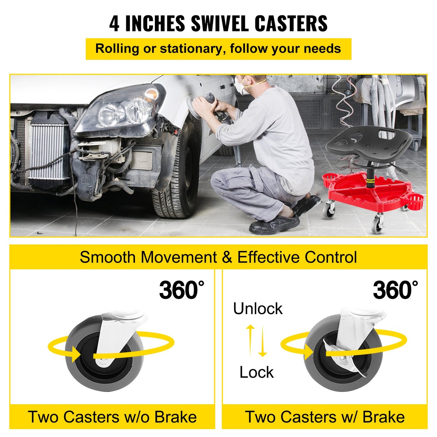 VEVOR Rolling Garage Stool, 300LBS Capacity, Adjustable Height from 18 in to 23 in, 360-degree Wheels,-$65