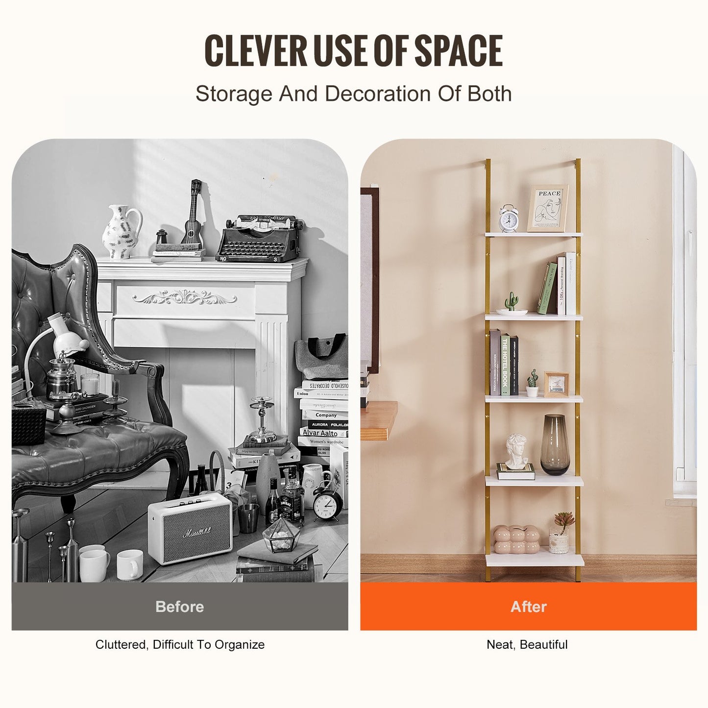 VEVOR Ladder Shelf, 5-Tier Bookshelf 15.6x11.8in, Open Wall-Mounted Ladder Shelf with Metal Frame,-$40