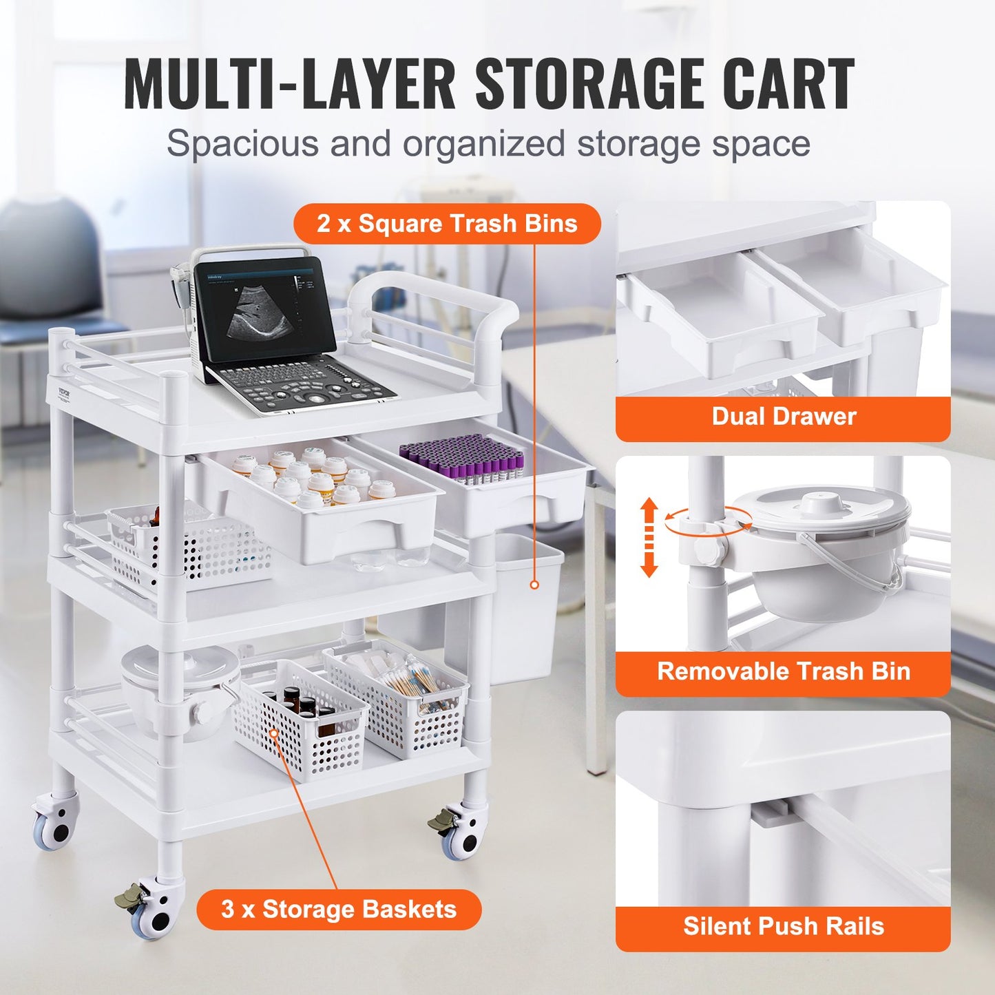 VEVOR 3-Tier Lab Utility Cart with 3 Trays & 4 Silent Wheels,  PP Material,-$130