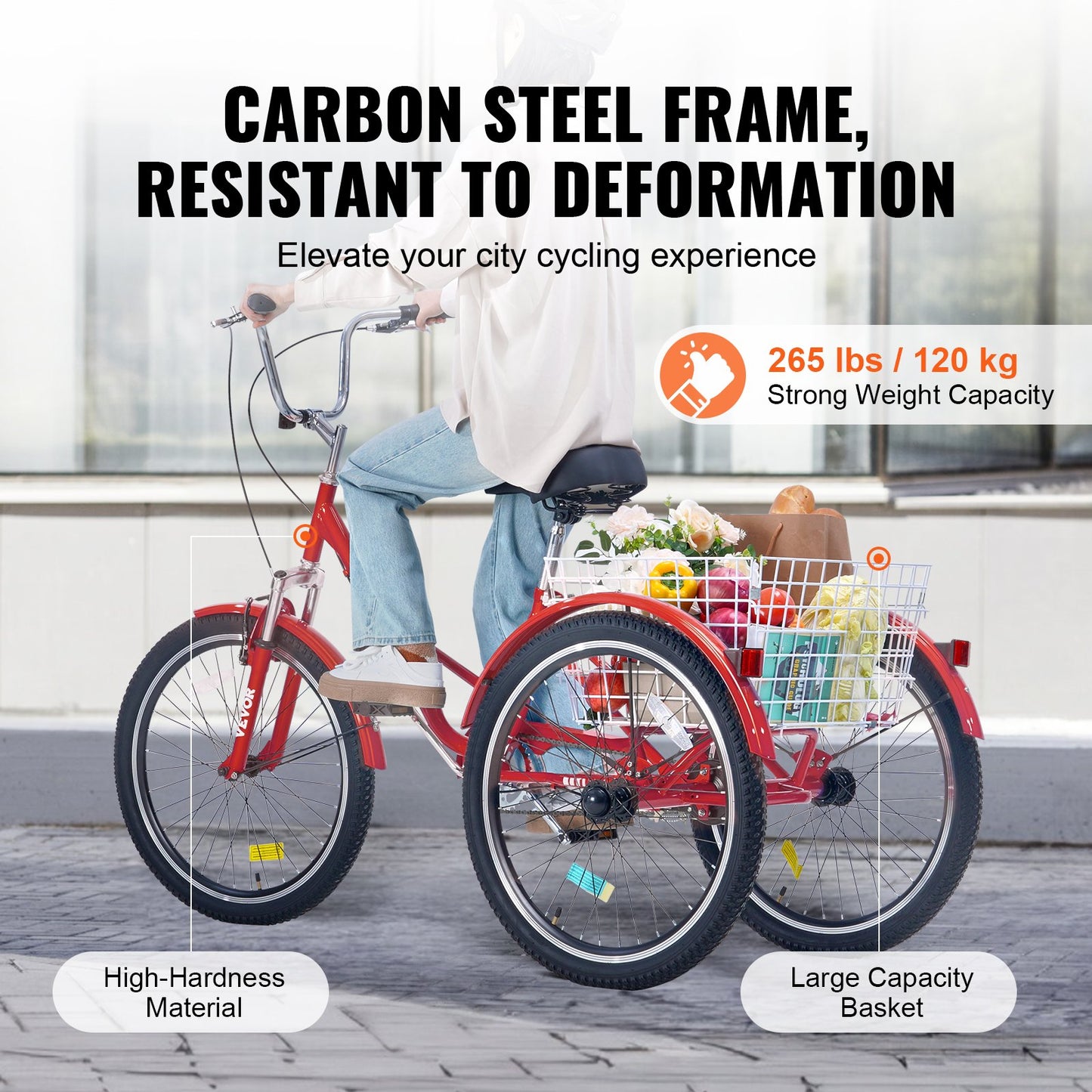VEVOR Folding Adult Tricycle, 24-Inch Adult Folding Trikes, Carbon Steel 3 Wheel Cruiser Bike,-$250