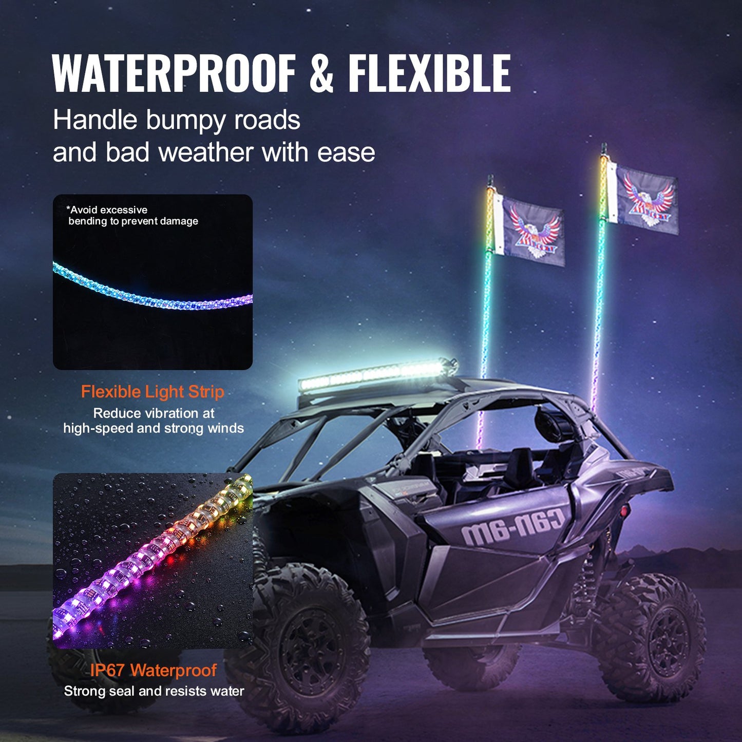 VEVOR 2 PCS 5 FT Whip Light, APP & RF Remote Control Led Whip Light, Waterproof 360° Spiral RGB,-$90