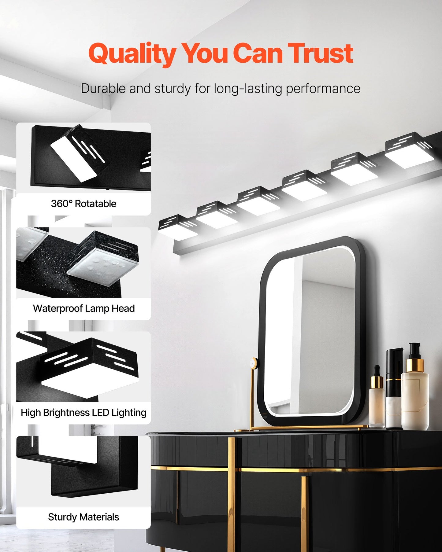 VEVOR 6-Light LED Modern VanityLight Fixtures, 40.35-Inch, Black Finish Bathroom Wall Lighting