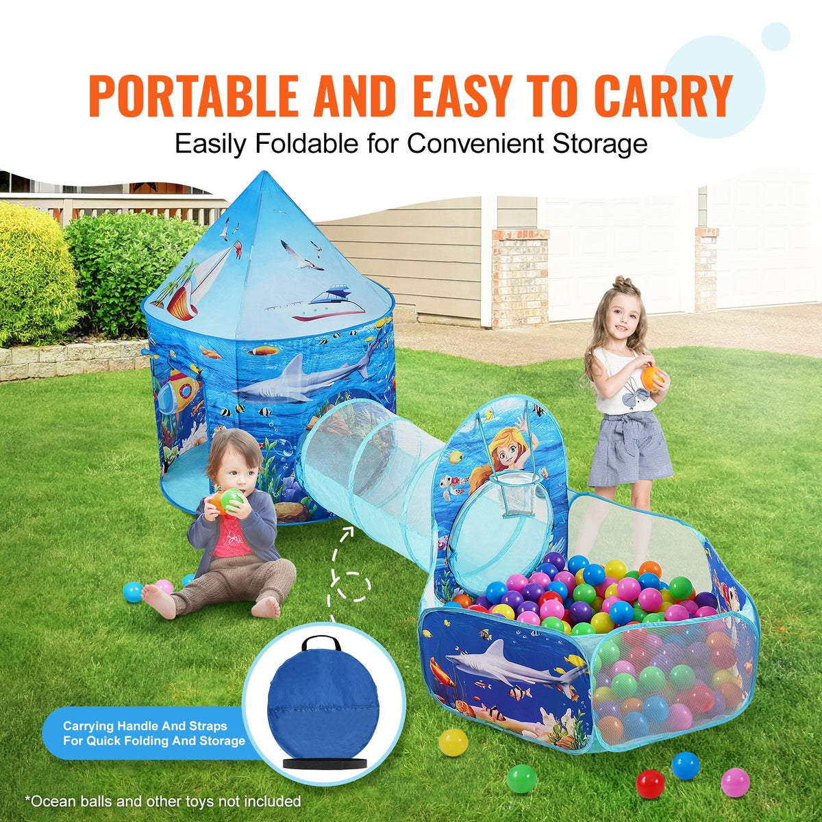 VEVOR 3 in 1 Kids Play Tent with Tunnel, Basketball Hoop, Indoor/Outdoor Pop Up Playhouse W/Carrying Bag & Banding Straps -$30