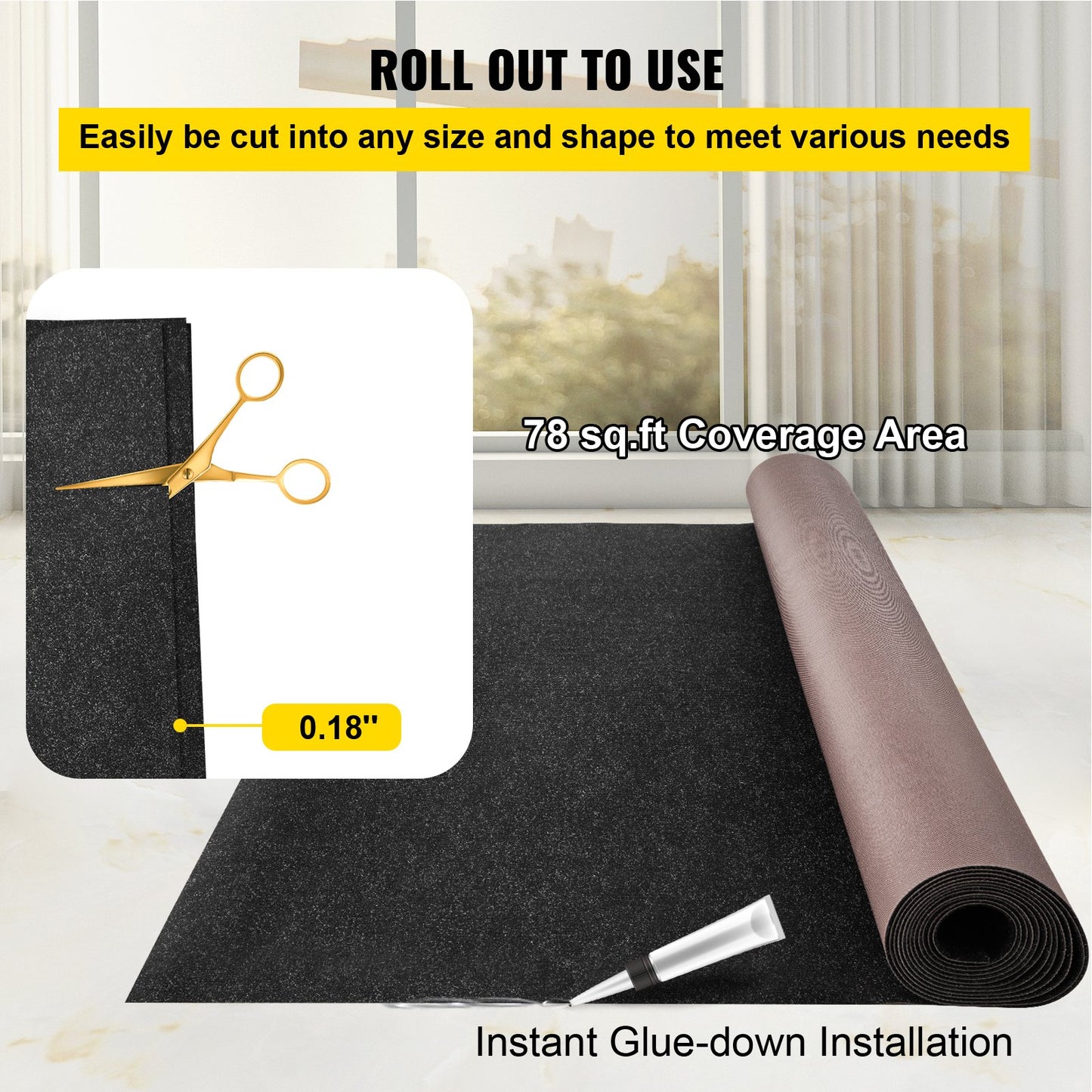 VEVOR Boat Carpet, 6 ft x 13.1 ft Marine Carpet for Boats, Waterproof Black Indoor Outdoor Carpet,-$50