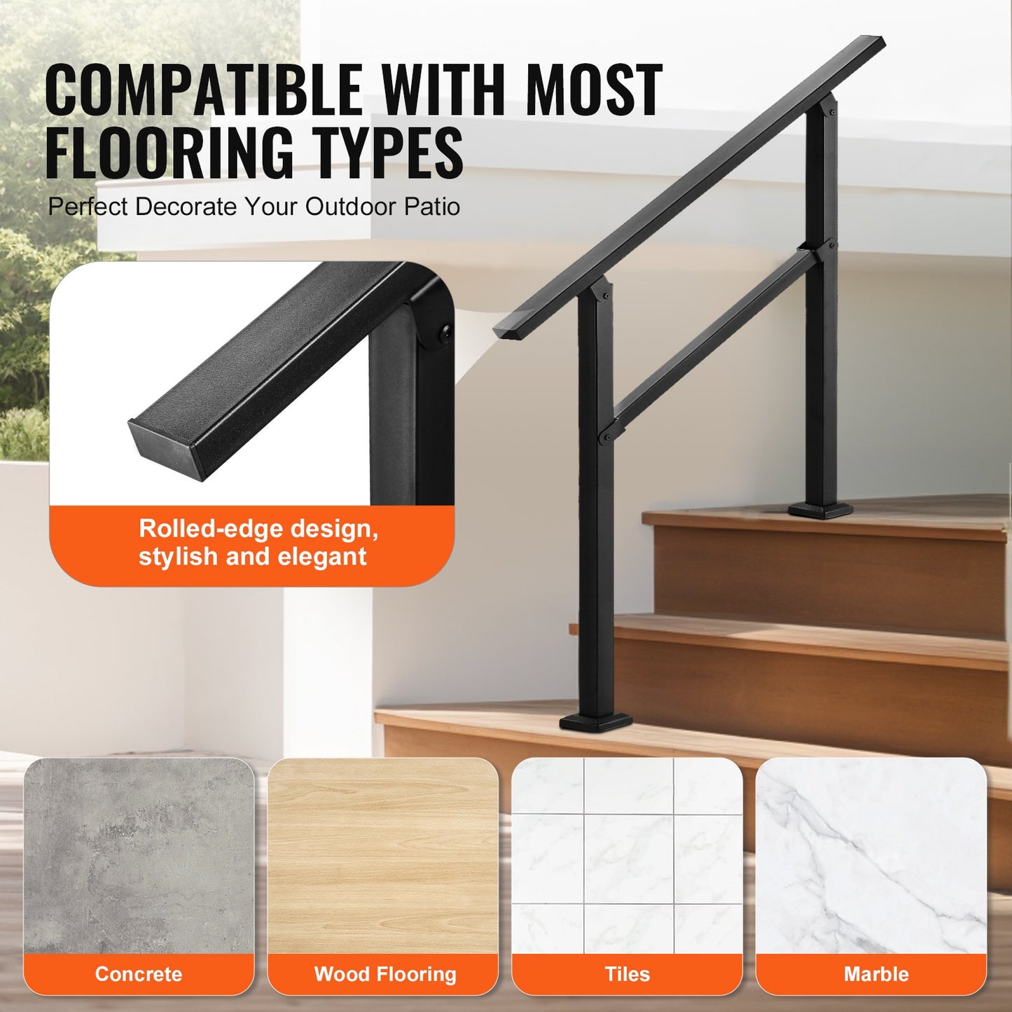 VEVOR Outdoor Handrails for Steps, 2-3 Step Stair Rail Kit, Black Square Tube with Horizontal Bar,-$35