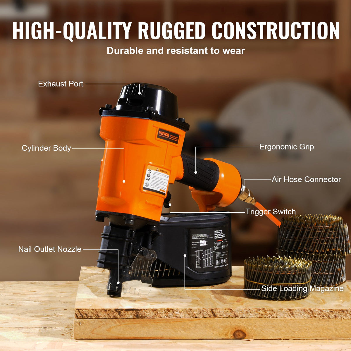 VEVOR Coil Siding Nailer MCN70,1-3/4" to 2-3/4" 15 Degree Pneumatic Siding Nail Gun,70-120PSI Air Coil Nailer for Pallet