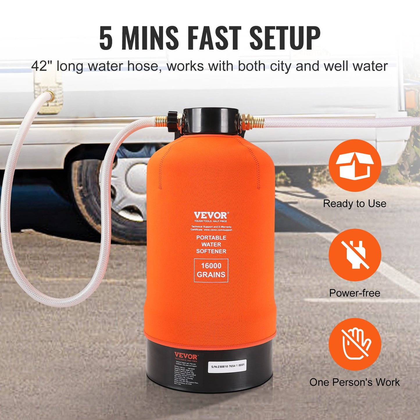 VEVOR RV Water Softener, 16,000 Grain Portable Water Softener, with 3/4" Brass Fittings and 42" Hose,-$125