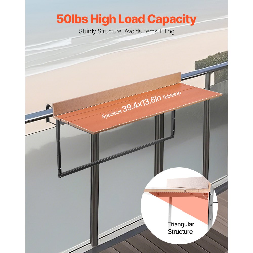 VEVOR Balcony Hanging Table, 15 x 39 in Folding Balcony Railing Table, Outdoor Balcony Bar Table,-$50
