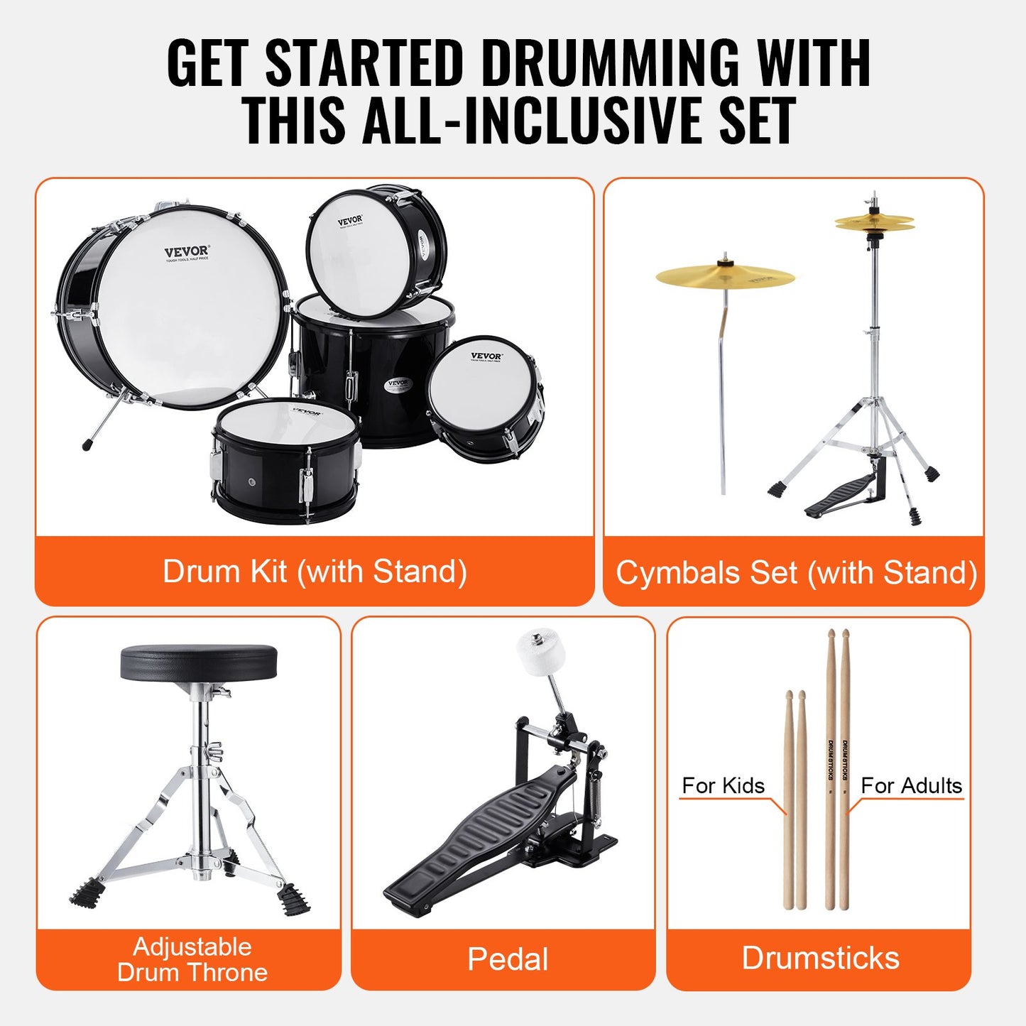 VEVOR Kids Drum Set, 5-Piece, 16 in Beginner Full Drum Set with Bass Toms Snare Floor Drum Adjustable,-$160