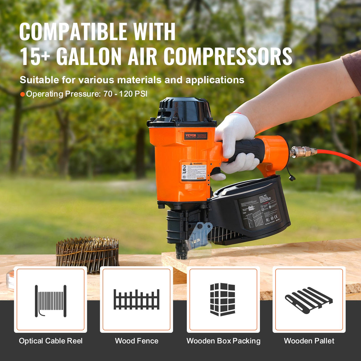VEVOR Coil Siding Nailer MCN70,1-3/4" to 2-3/4" 15 Degree Pneumatic Siding Nail Gun,70-120PSI Air Coil Nailer for Pallet