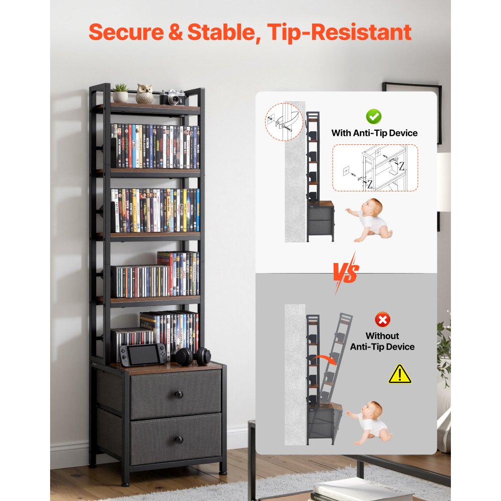VEVOR Media Storage Cabinet, 4-Shelf DVD Shelf Organizer with Drawers, 15.75 x 11.81 x 56.50 in,-$40