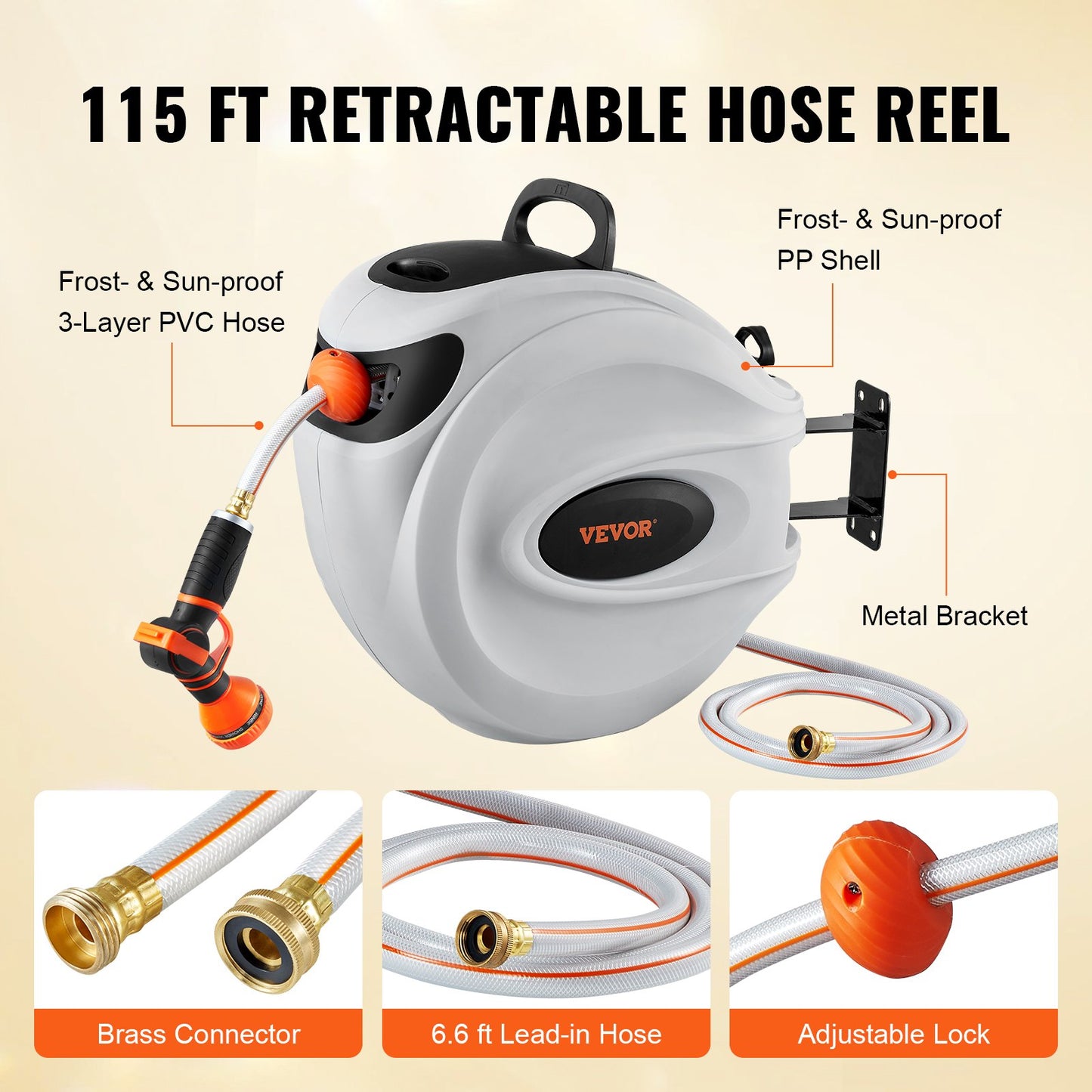 VEVOR Retractable Hose Reel, 115 ft x 1/2 inch, 180° Swivel Bracket Wall-Mounted, Garden Water Hose Reel,-$100