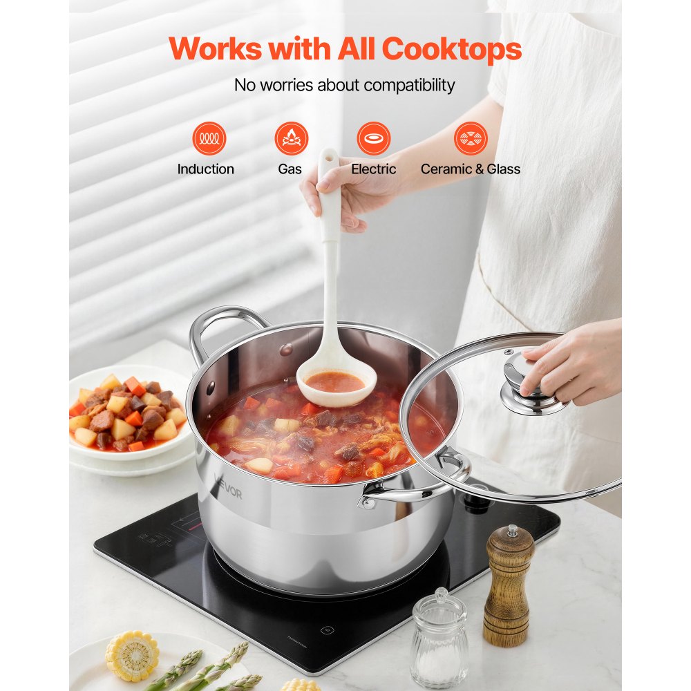 VEVOR Stainless Steel Stock Pot, 8-Quart Stainless Steel Stockpot with Glass Lid, PFOA/PFAS-Free,-$20