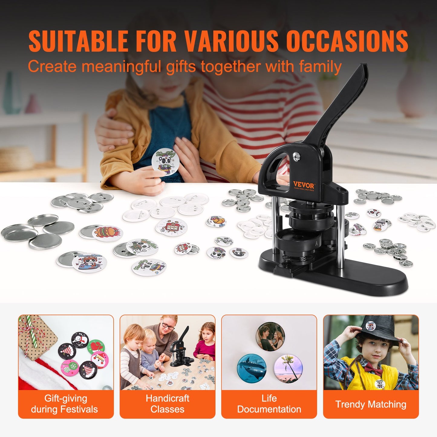 VEVOR Button Maker Machine, 1/1.25/2.28 inch,3-in-1 Pin Maker, Installation-Free Badge W/ 300pcs Button Parts