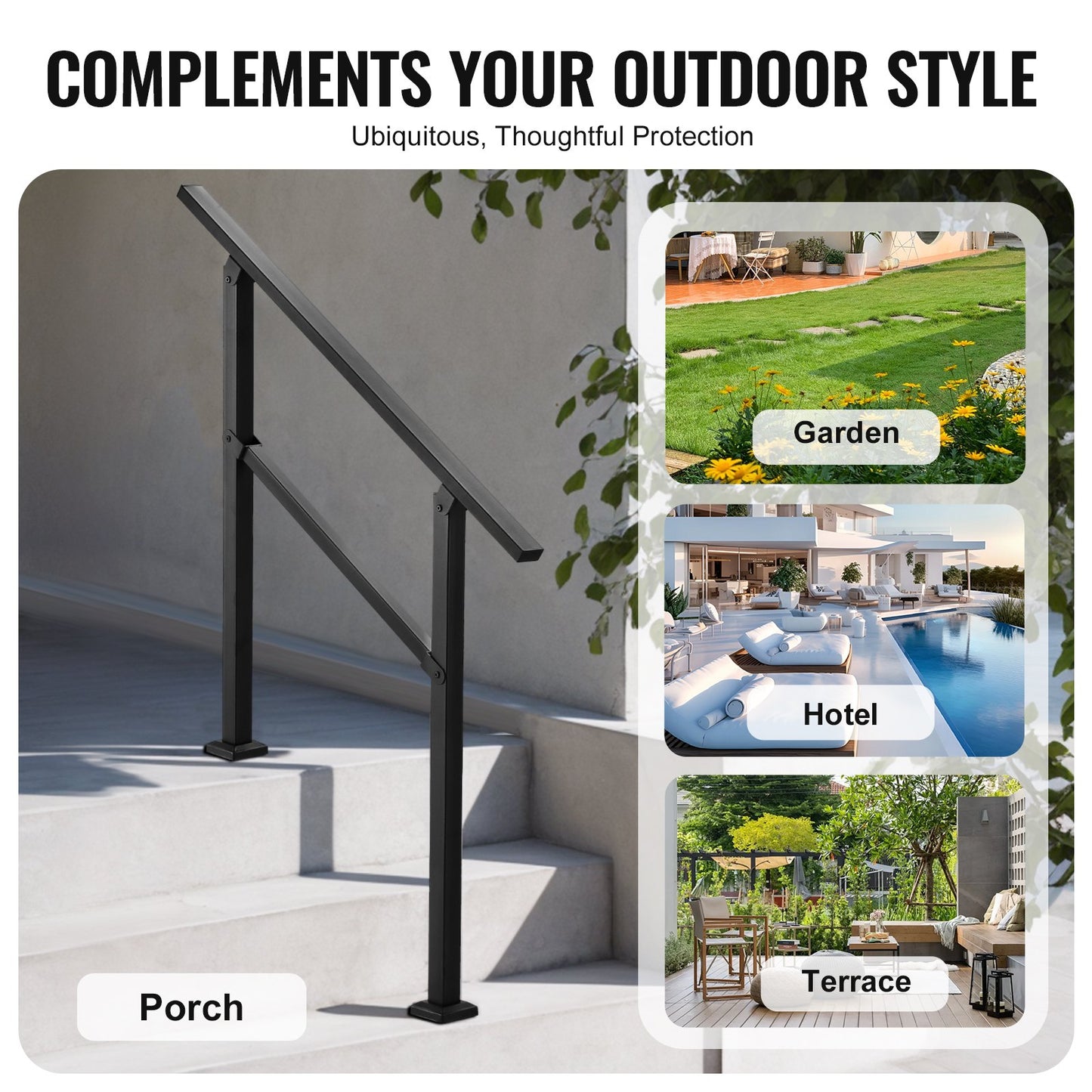 VEVOR Outdoor Handrails for Steps, 2-3 Step Stair Rail Kit, Black Square Tube with Horizontal Bar,-$35