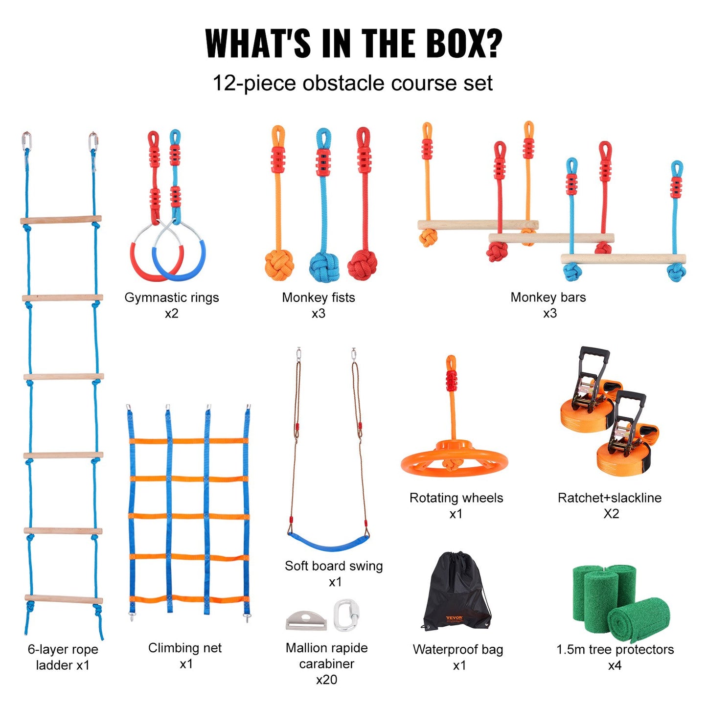 VEVOR Ninja Warrior Obstacle Course for Kids, 2 x 56 ft Weatherproof Slacklines, 500lbs Weight Line,-$80