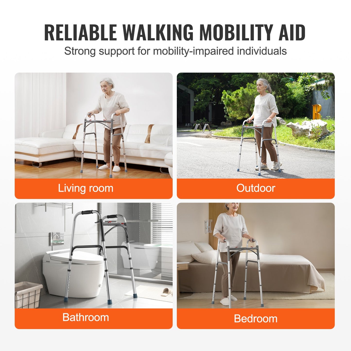 VEVOR Folding Walker, 2-Button Folding Walkers with 8-Level Adj Height and Durable Handles,-$35