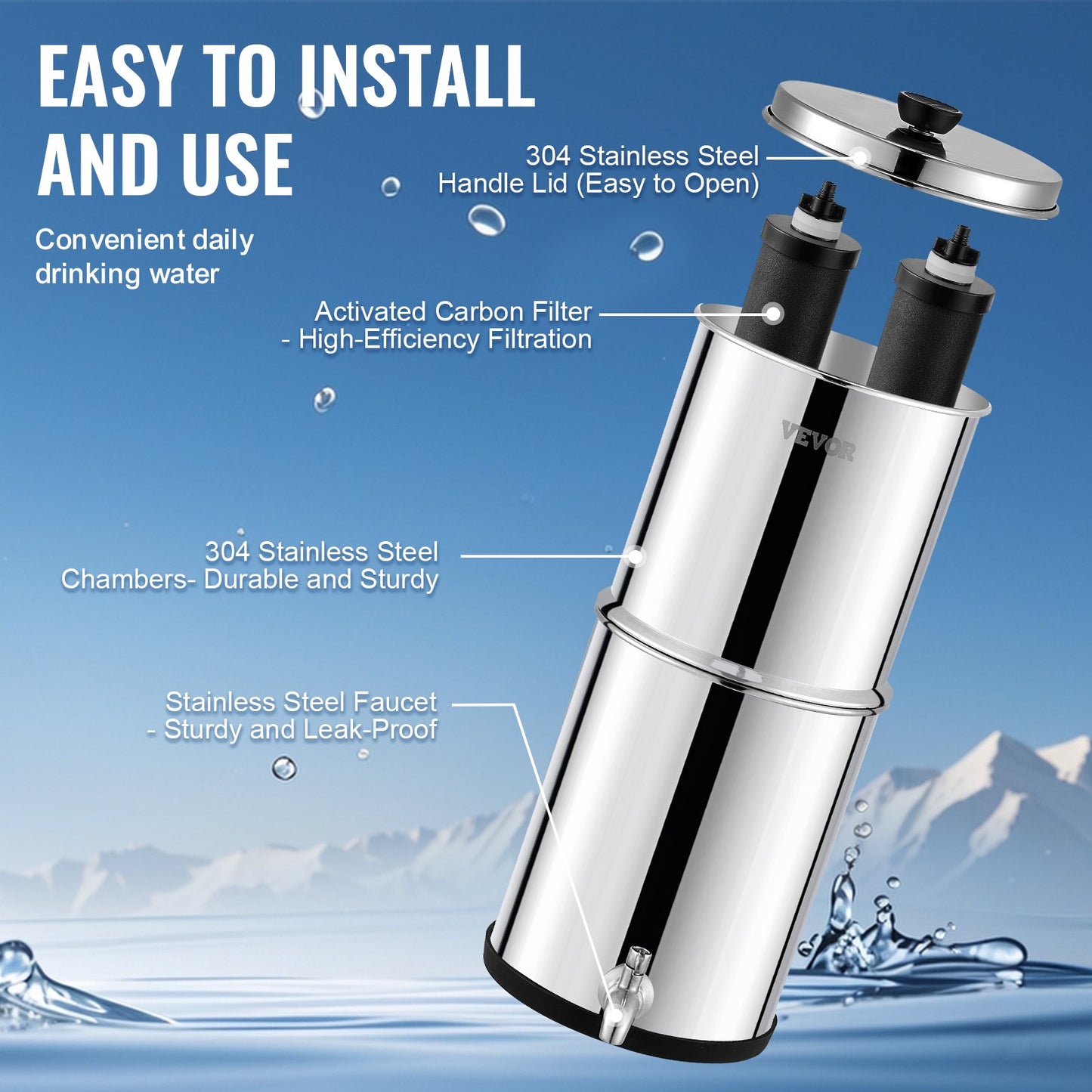 VEVOR Gravity-fed Water Filter System, 2.25G 304 Stainless-Steel Countertop System,-$80