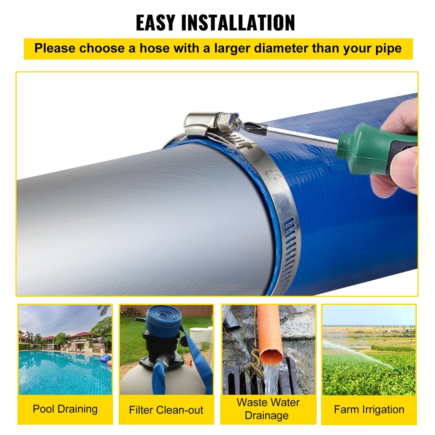 VEVOR Discharge Hose, 1-1/2" x 100', PVC Fabric Lay Flat Hose, Heavy Duty Backwash Drain Hose with Clamps