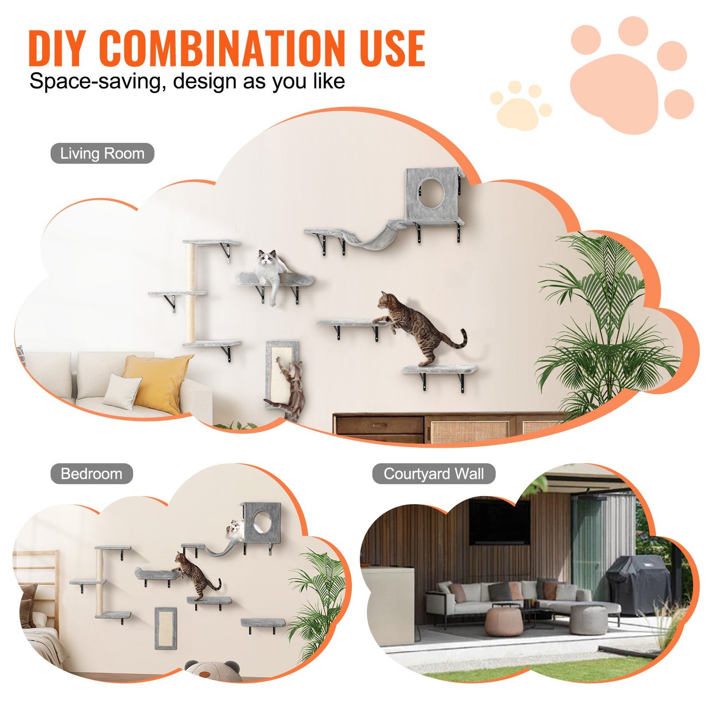 VEVOR Wall Mounted Cat Shelves, Cat Wall Shelves and Perches with Jumping Boards, Hammock,-$55