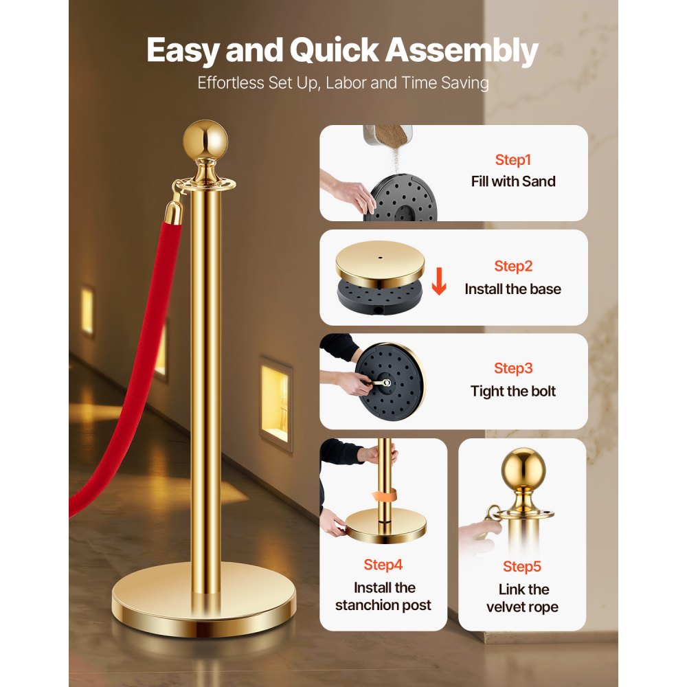VEVOR Stanchion Post, 6 Pcs Crowd Control Barrier Set with 4 Red Velvet Ropes, 5 ft Stainless,-$85