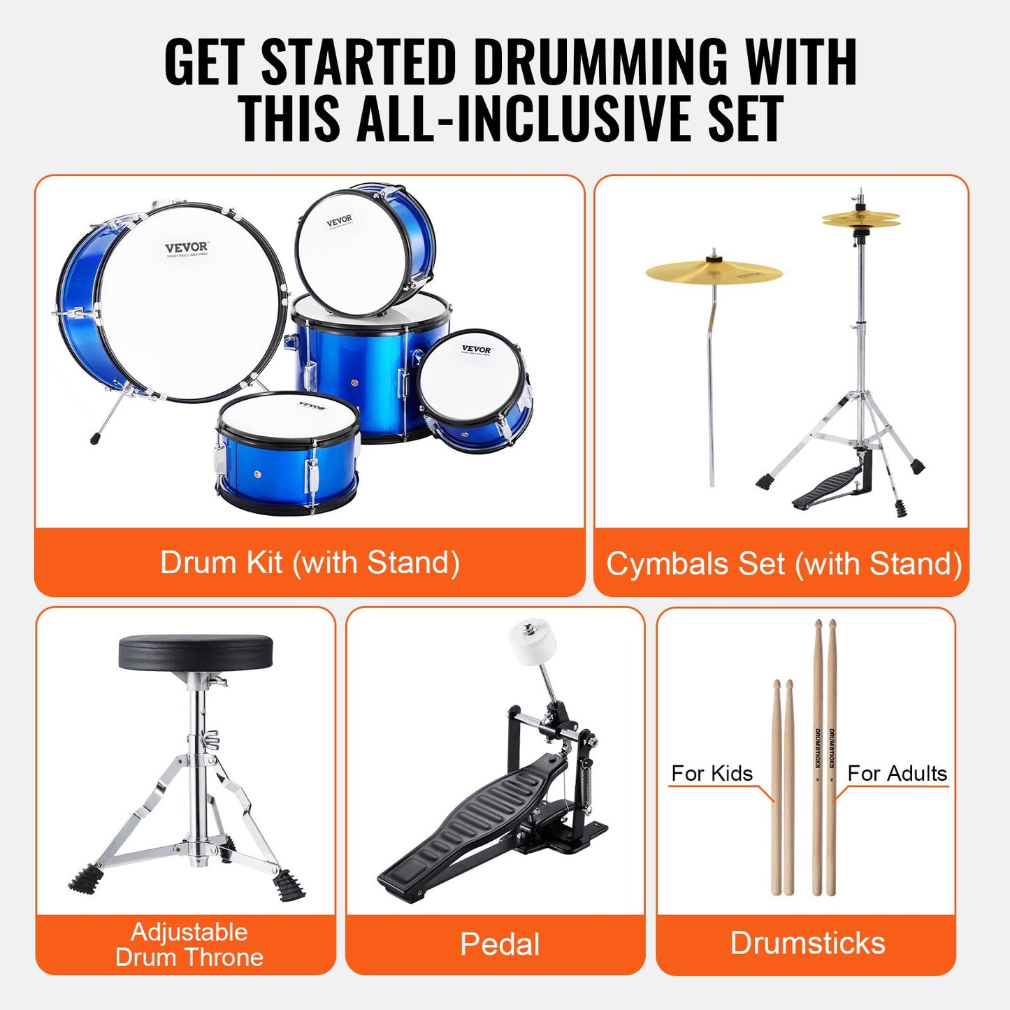 VEVOR Kids Drum Set, 5-Piece, 16 in Beginner Full Drum Set with Bass Toms Snare Floor Drum,-$130