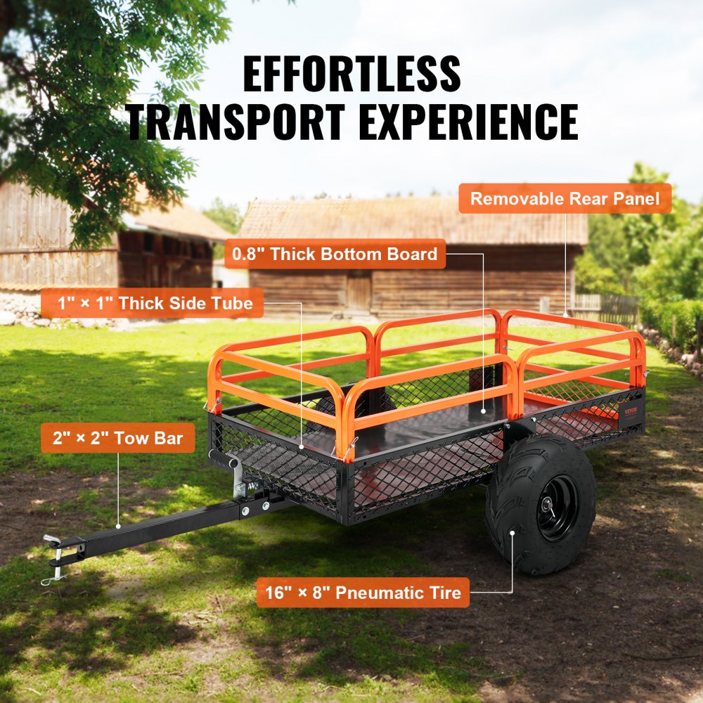 VEVOR Heavy Duty Steel ATV Dump Trailer, 1500-Pound Load Capacity 15 Cubic Feet, with Removable Sides and 2 Tires