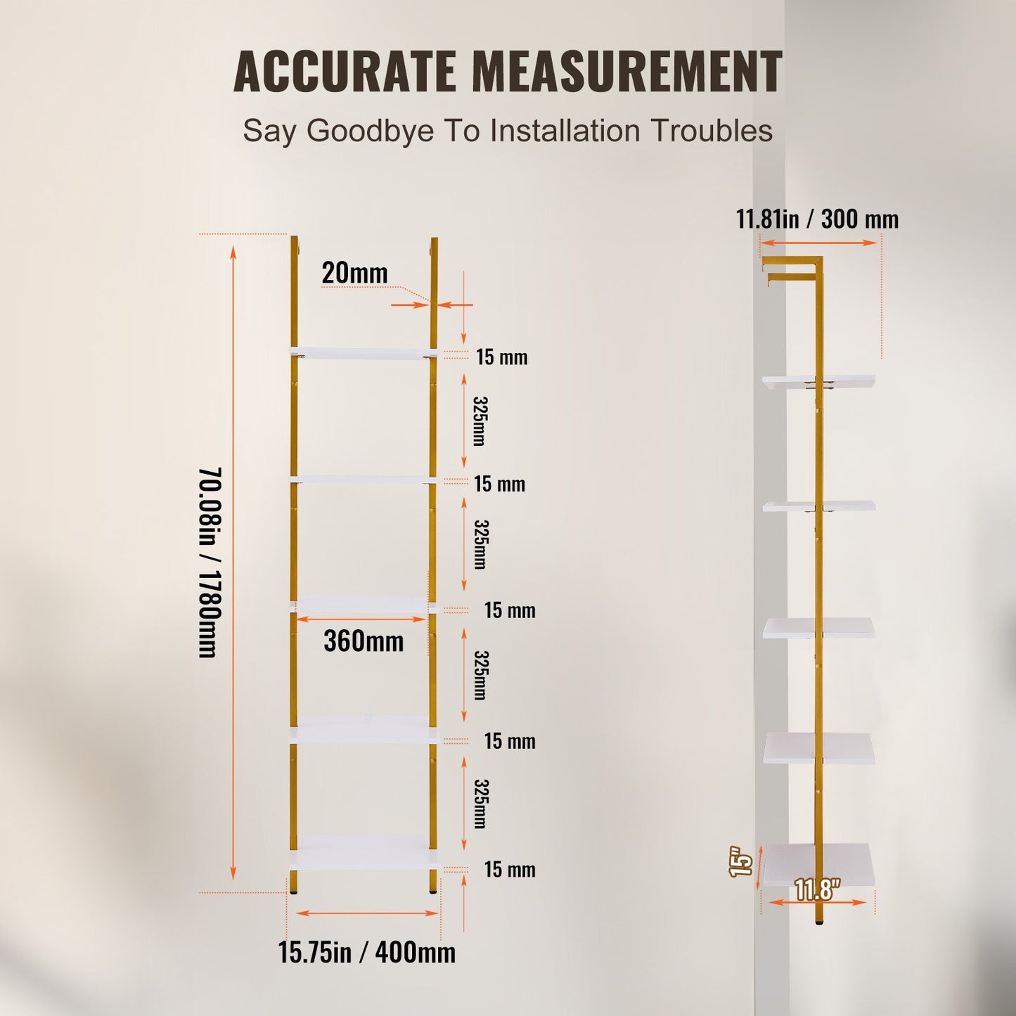 VEVOR Ladder Shelf, 5-Tier Bookshelf 15.6x11.8in, Open Wall-Mounted Ladder Shelf with Metal Frame,-$40