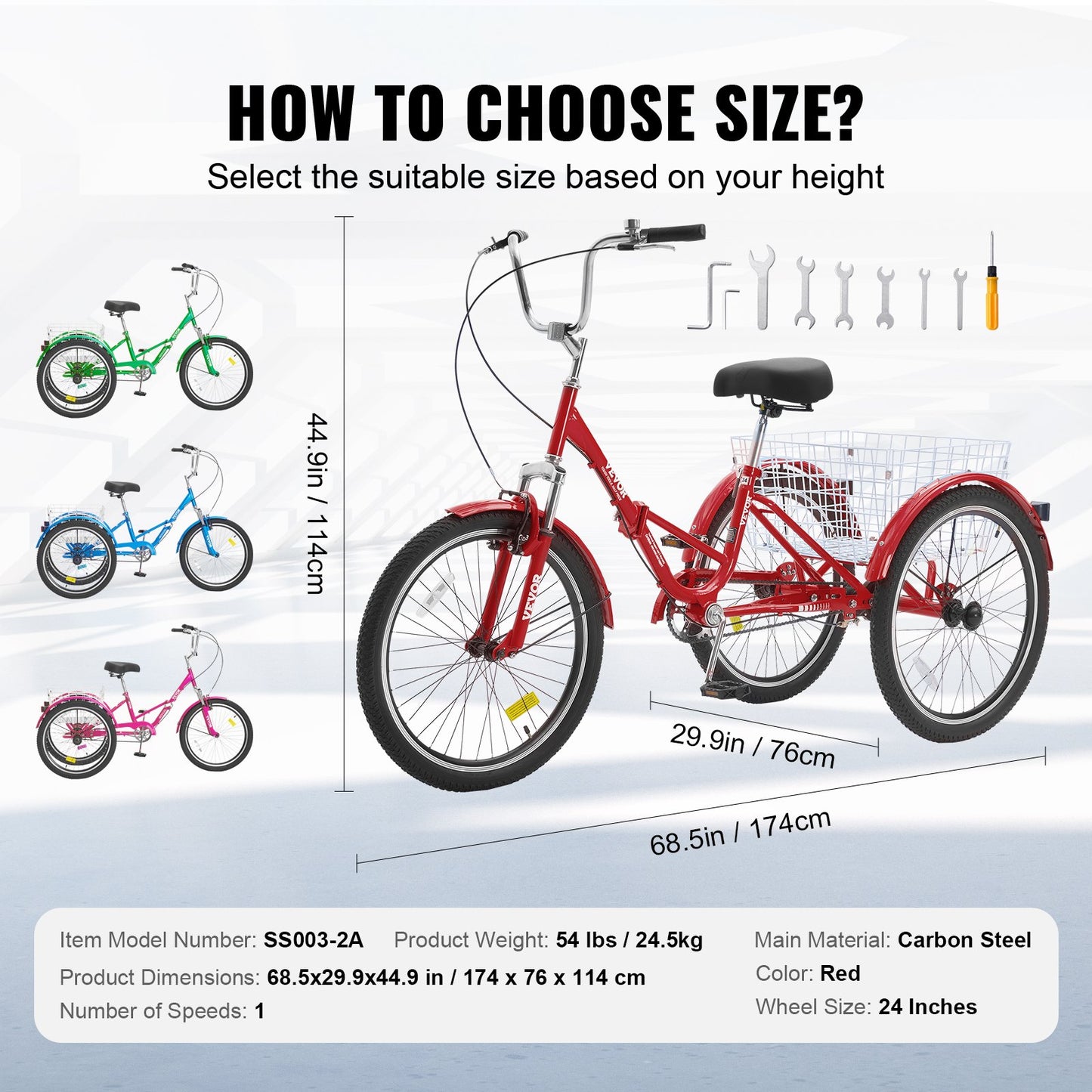 VEVOR Folding Adult Tricycle, 24-Inch Adult Folding Trikes, Carbon Steel 3 Wheel Cruiser Bike,-$250