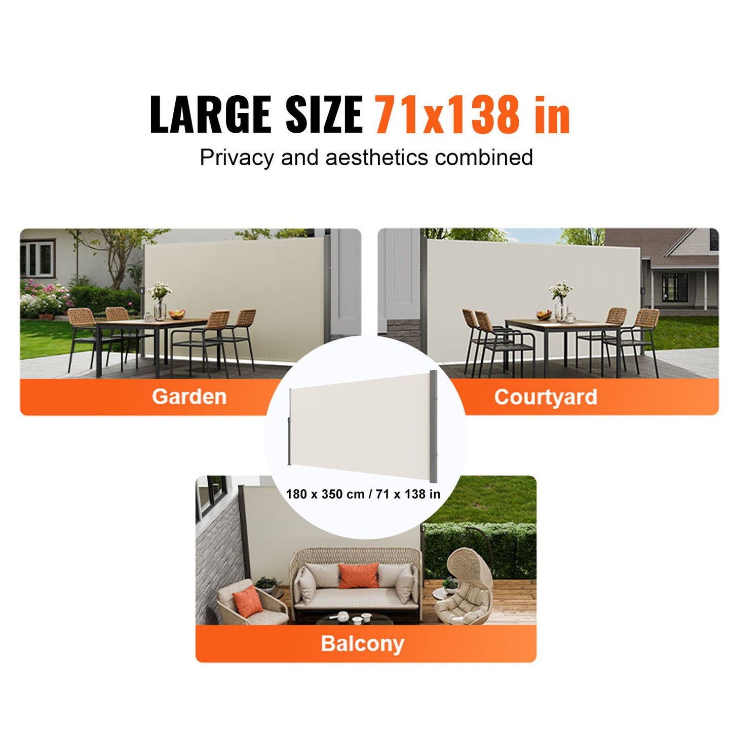 VEVOR Retractable Side Awning, 71''x 138'' Outdoor Privacy Screen, 180g Polyester,-$70