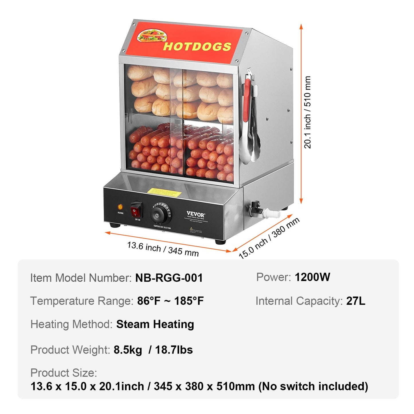 VEVOR Hot Dog Steamer, 28.5QT, 2-Tier Hot Dog Hut Steamer, 86℉~185℉ Temperature Control,-$185