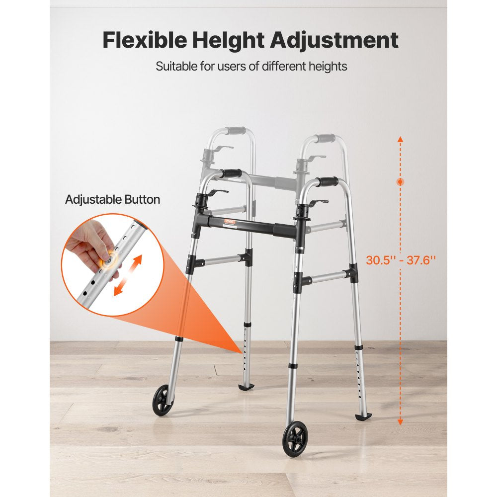 VEVOR Folding Walker, 2-Button Foldable Walker with 5" Wheels & 8-Level Adjustable Height,-$35