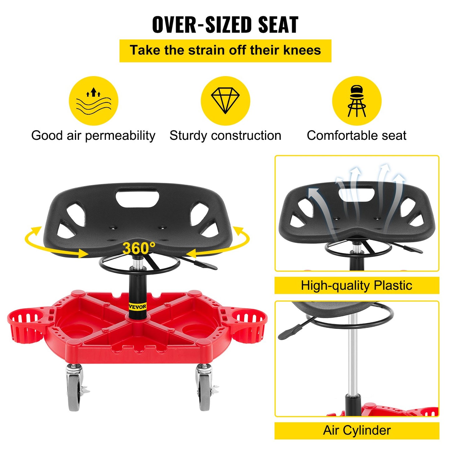 VEVOR Rolling Garage Stool, 300LBS Capacity, Adjustable Height from 18 in to 23 in, 360-degree Wheels,-$65