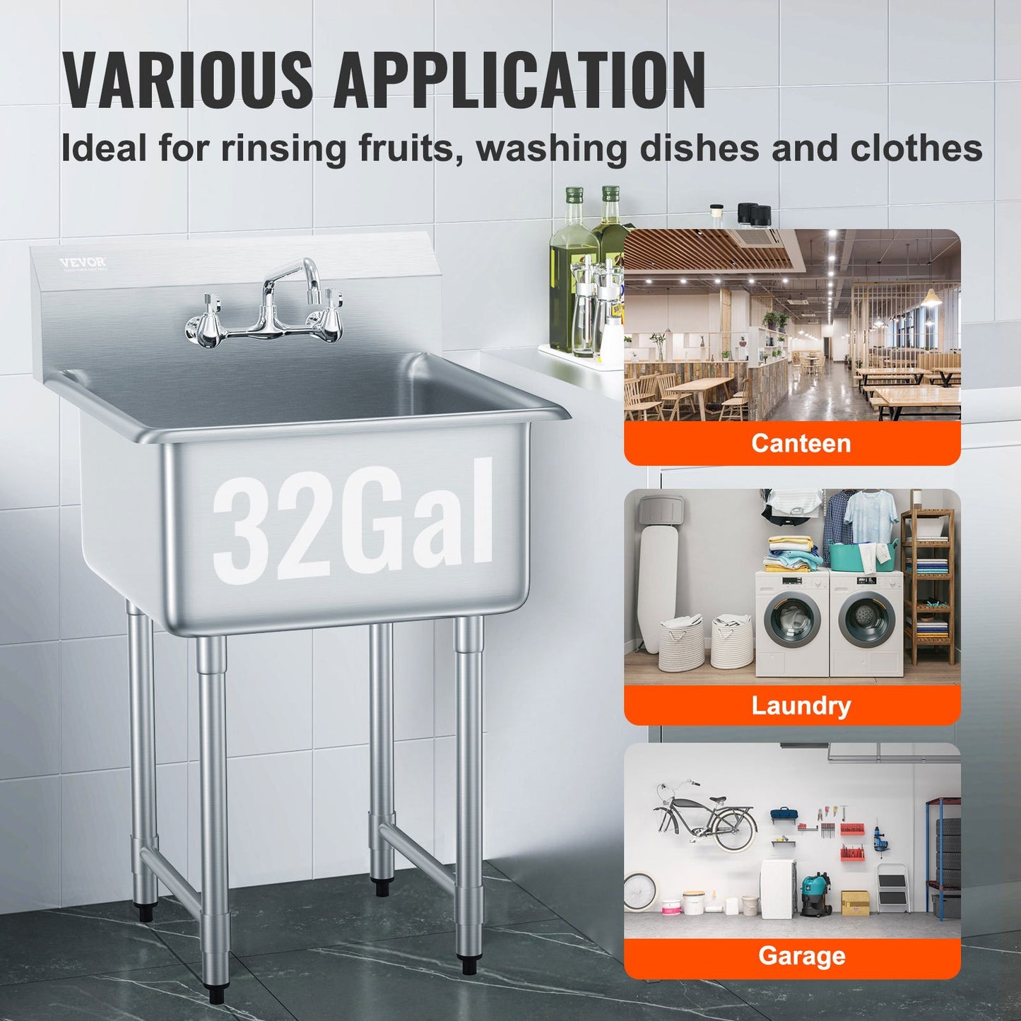 VEVOR Stainless Steel Prep & Utility Sink, 1 Compartment Free Standing Small Sink Include Faucet & legs,-$350