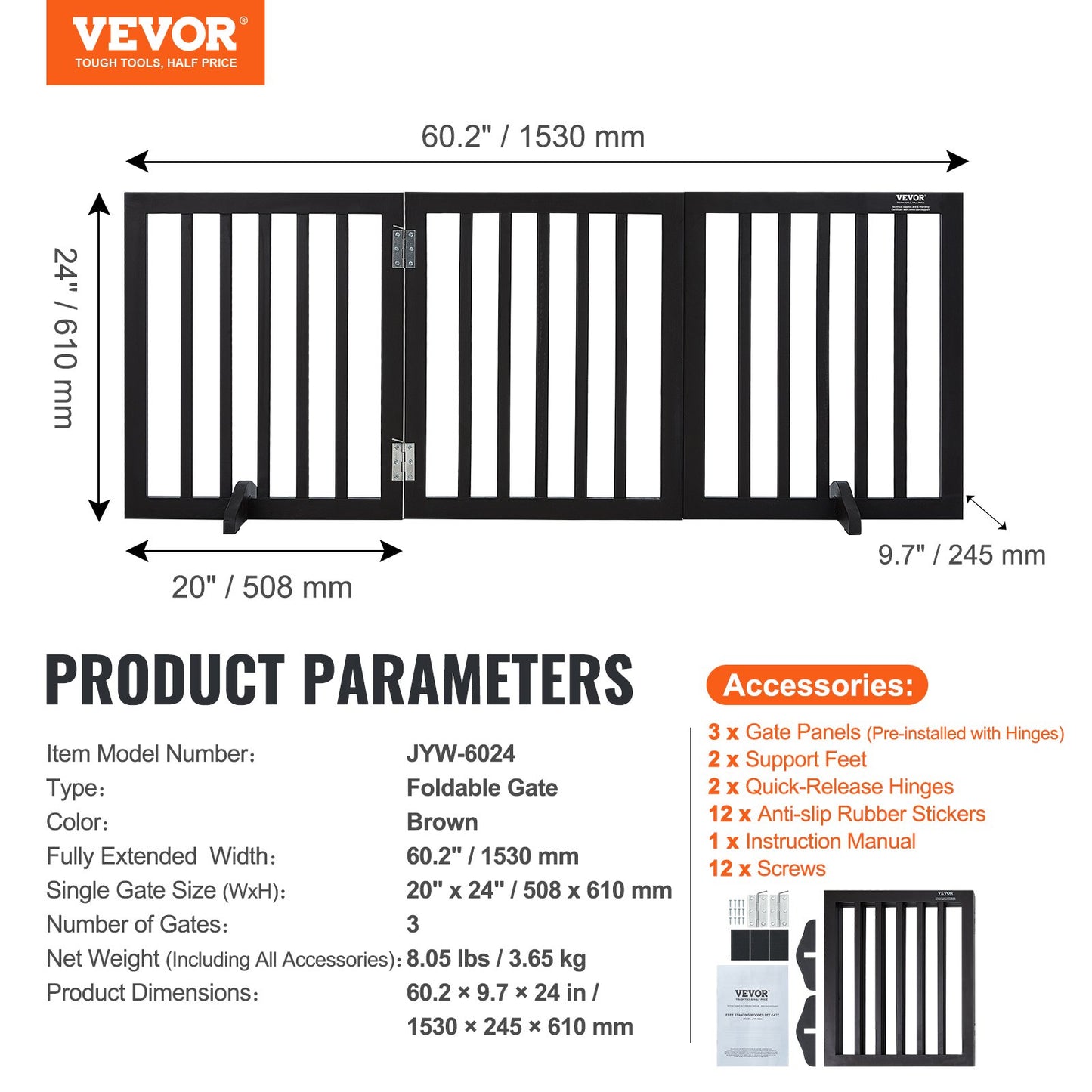 VEVOR Free Standing Dog Gate, 24" H x 60" W Freestanding Pet Gate, 3 Panels Foldable,-$45