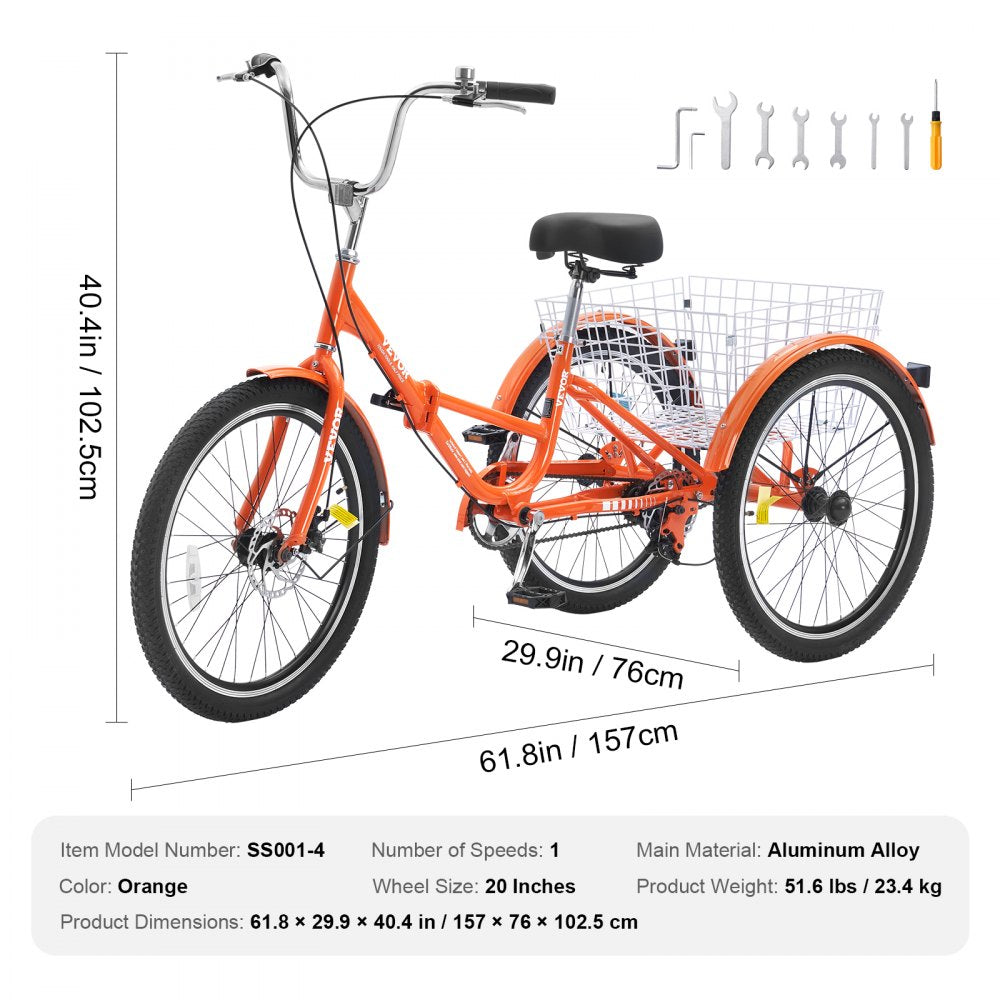 VEVOR Folding Adult Tricycle, 20-Inch Adult Folding Trikes, Lightweight Aluminum Alloy 3 Wheel Cruiser Bike