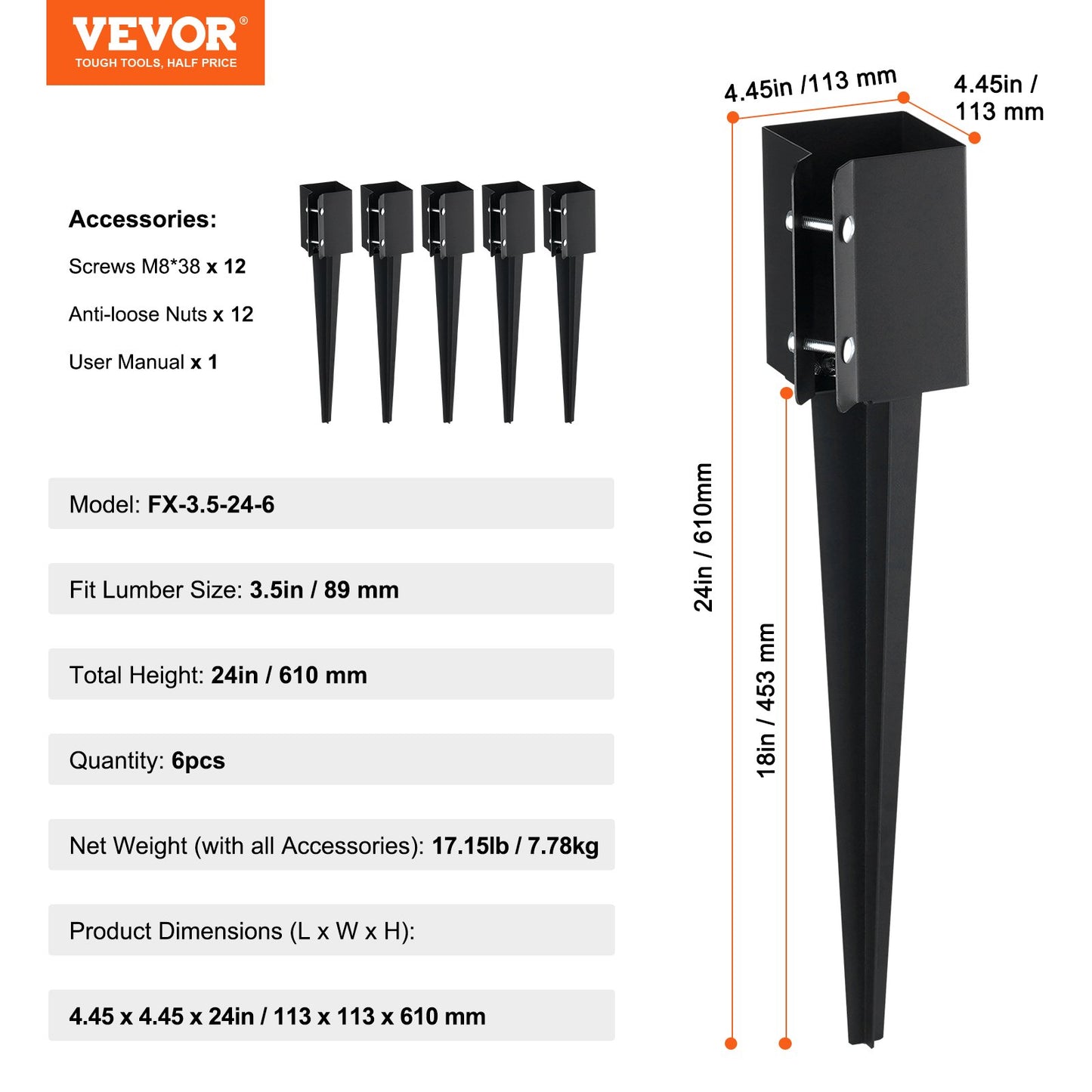 VEVOR Fence Post Anchor Ground Spike, 6 Pack 24 x 4 x 4 In Outer Diameter (Inner3.5 x3.5 In)-$55