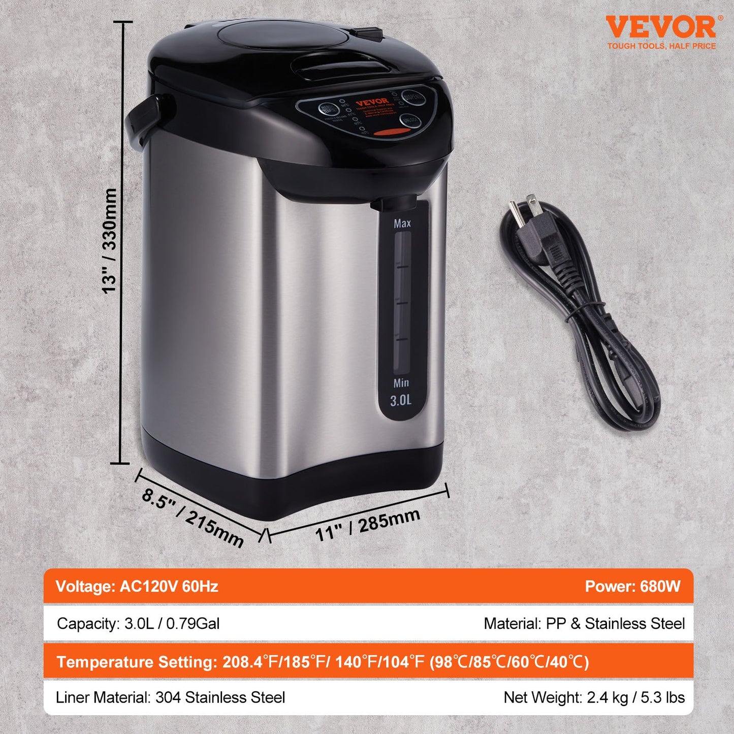 VEVOR Hot Water Dispenser, Adjustable 4 Temperatures Water Boiler and Warmer, 304 Stainless,-$55
