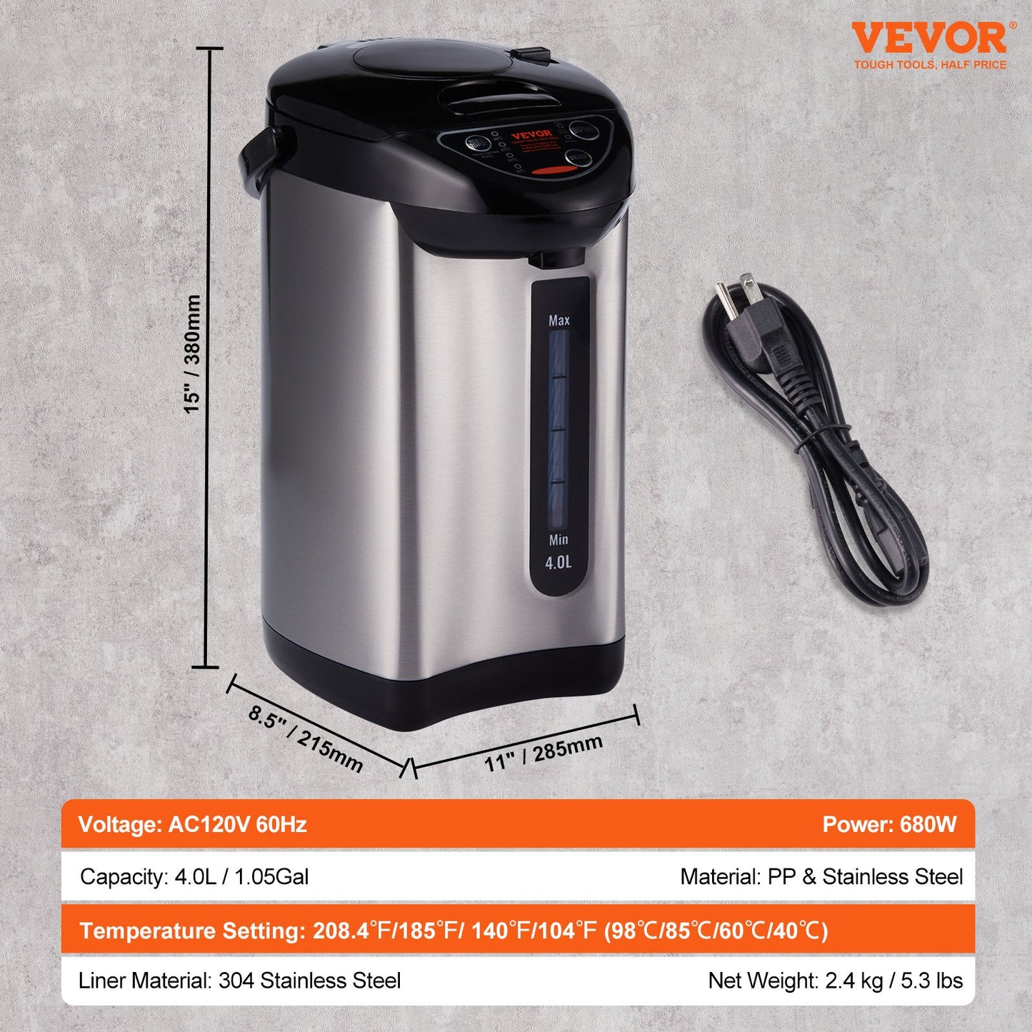 VEVOR Hot Water Dispenser, Adjustable 4 Temperatures Water Boiler and Warmer, 304 Stainless Steel,-$50
