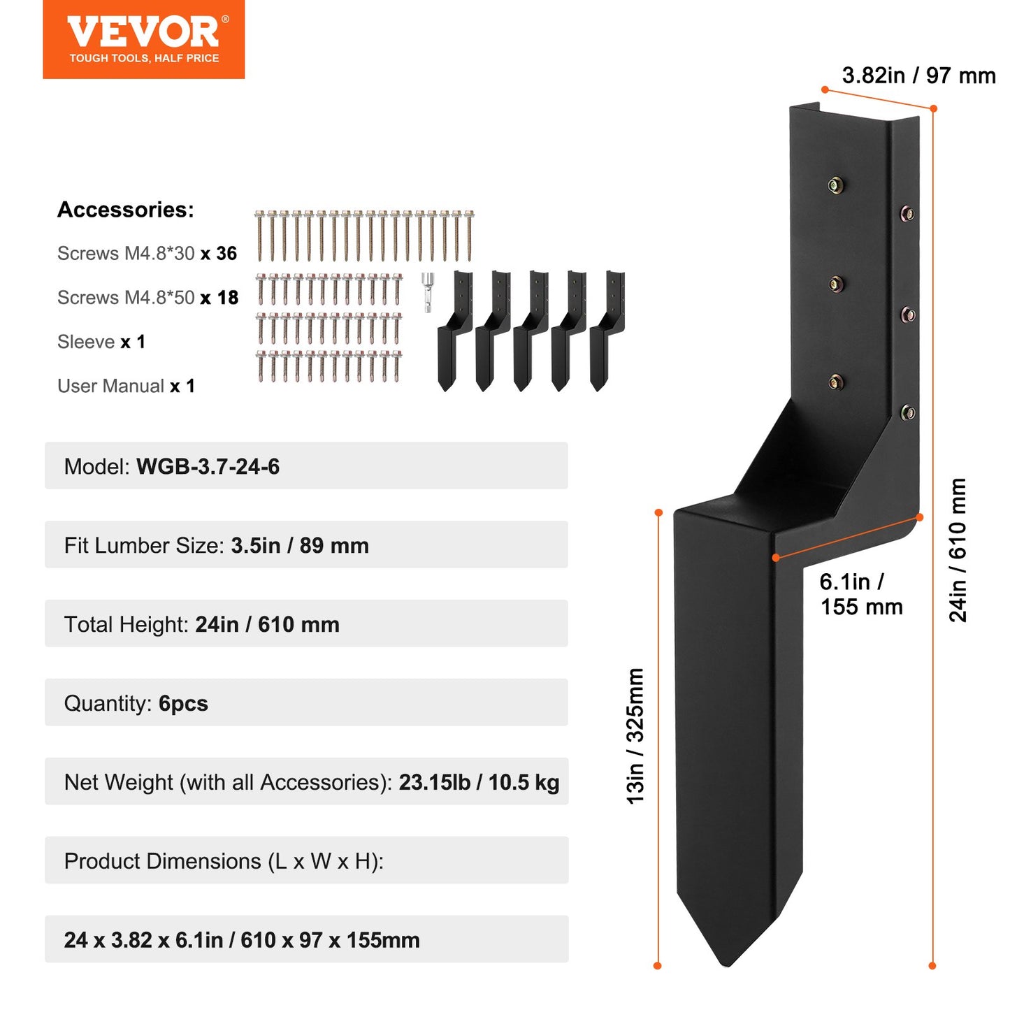 VEVOR Fence Post Anchor Repair Kit, 6 Pack Inner Diameter 3.5 x3.5 Inches Heavy Duty Steel Fence Post,-$55