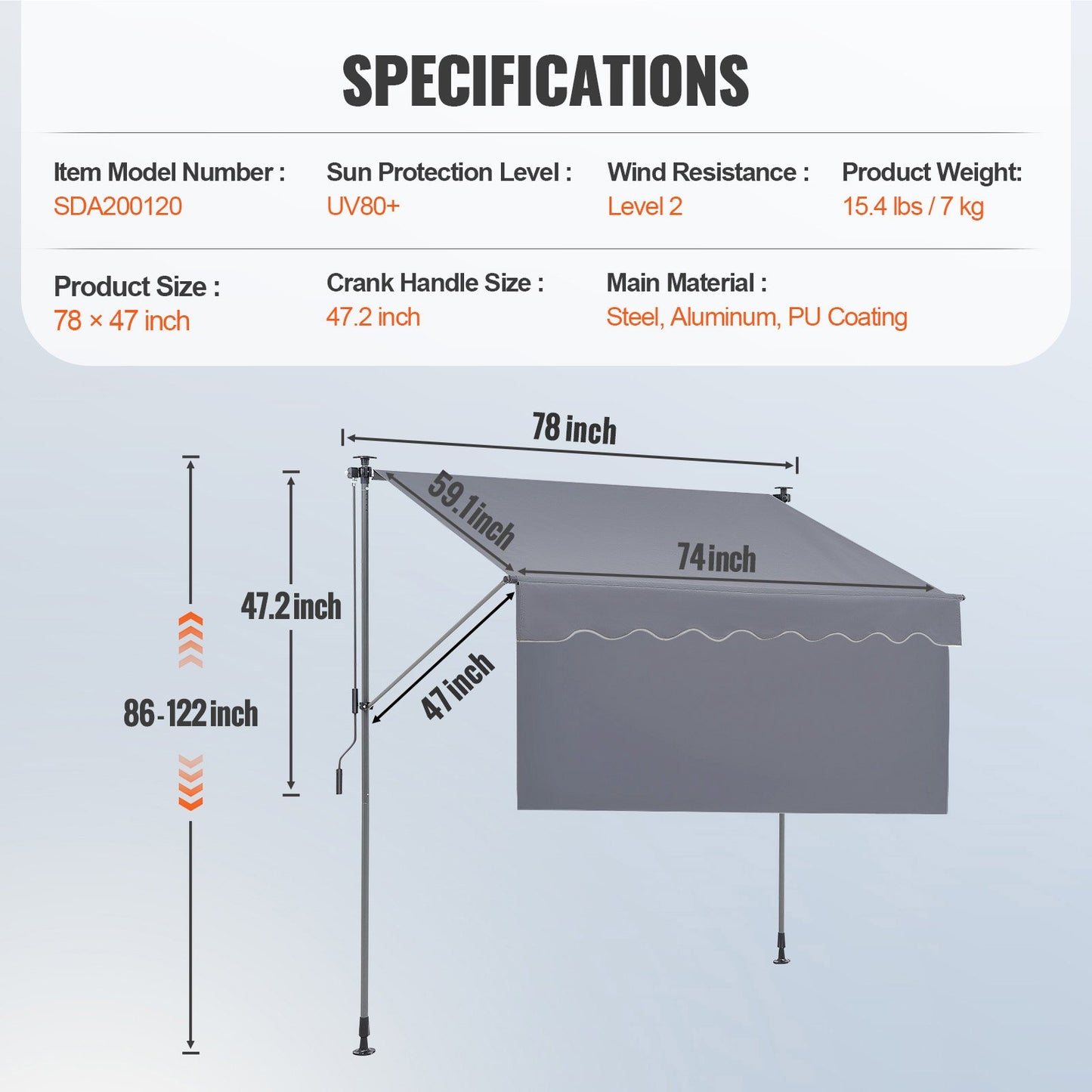 VEVOR Manual Retractable Awning, 78" Outdoor Retractable Patio Awning Sunshade Shelter, Adjustable Door,-$65