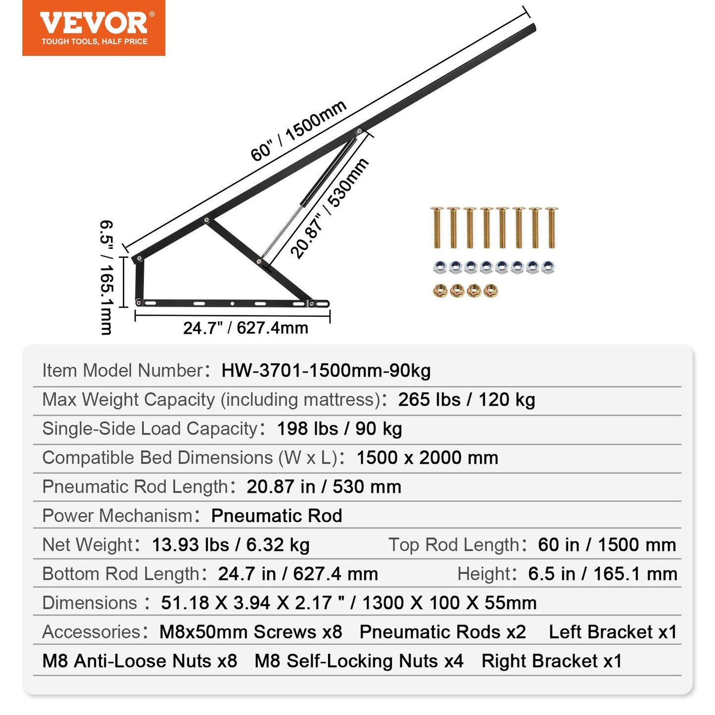 VEVOR Bed Lift, 59x79 in Compatible Bed Size 265 lbs Load Bearing, DIY Wall Bed Mechanical,-$35