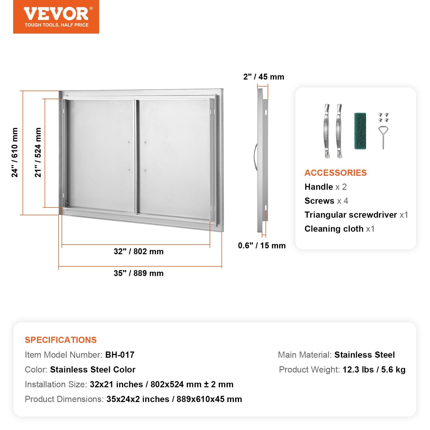 VEVOR BBQ Access Door, 35W x 24H Inch Double Outdoor Kitchen Door, Stainless Steel Flush Mount Door, -$70